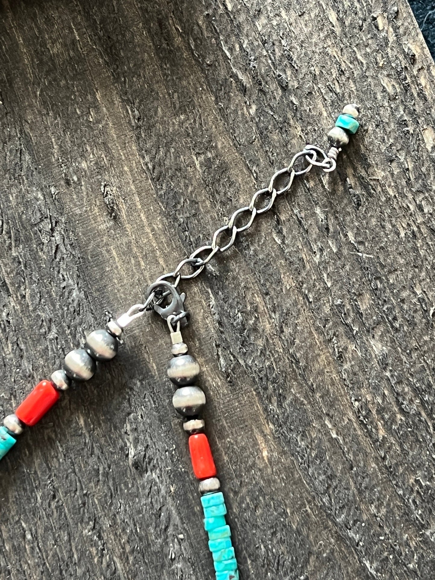 Summer Lovin’ Navajo Beaded Layering Necklace with Sterling Silver, Turquoise and Mediterranean Coral, 14” + 2”, The Beach Cruiser