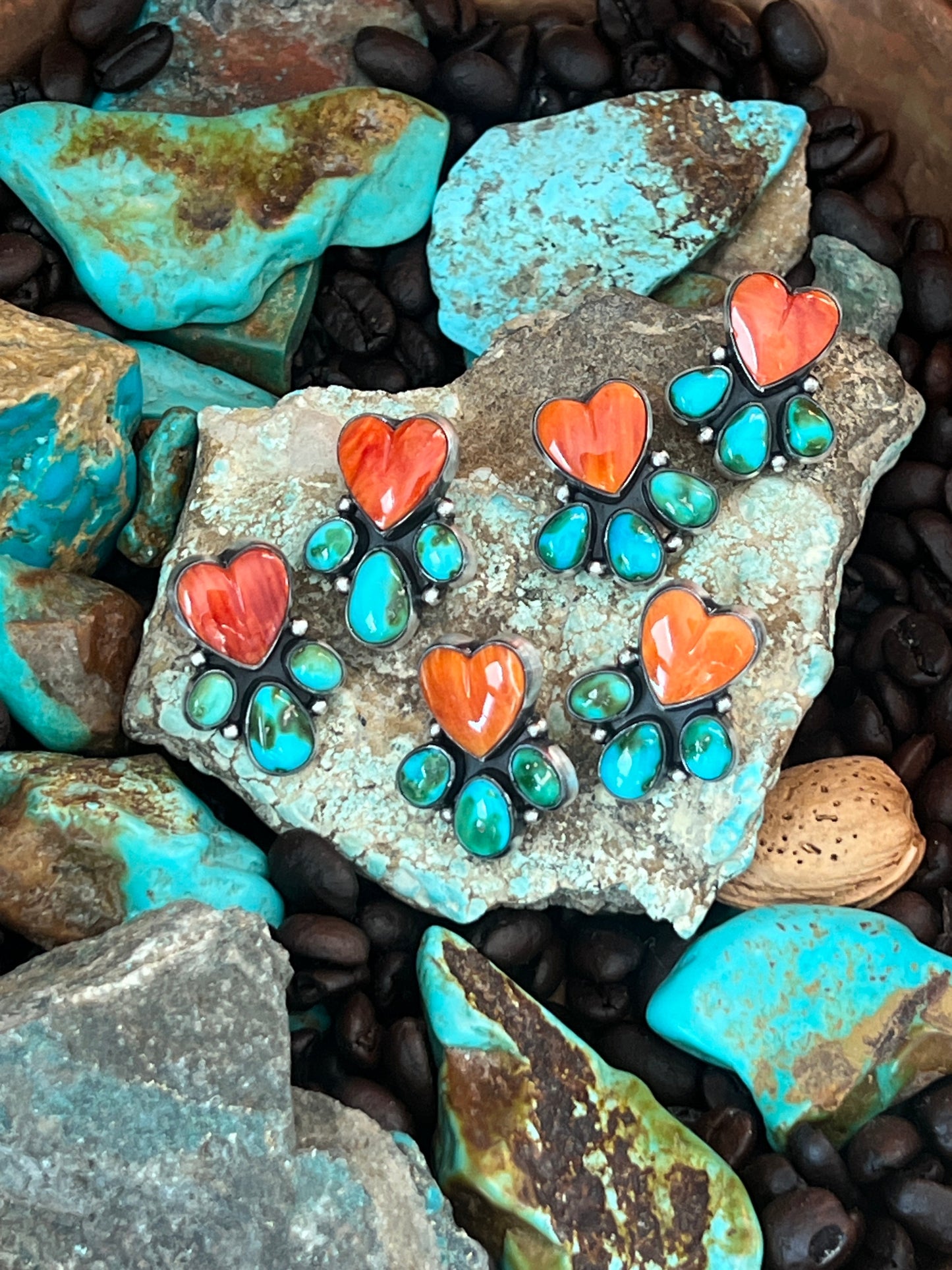 Vibrant Navajo Sterling Silver, Sonoran Turquoise and Spiny Oyster Shell Heart Cluster Post Earrings by Lucy Jake