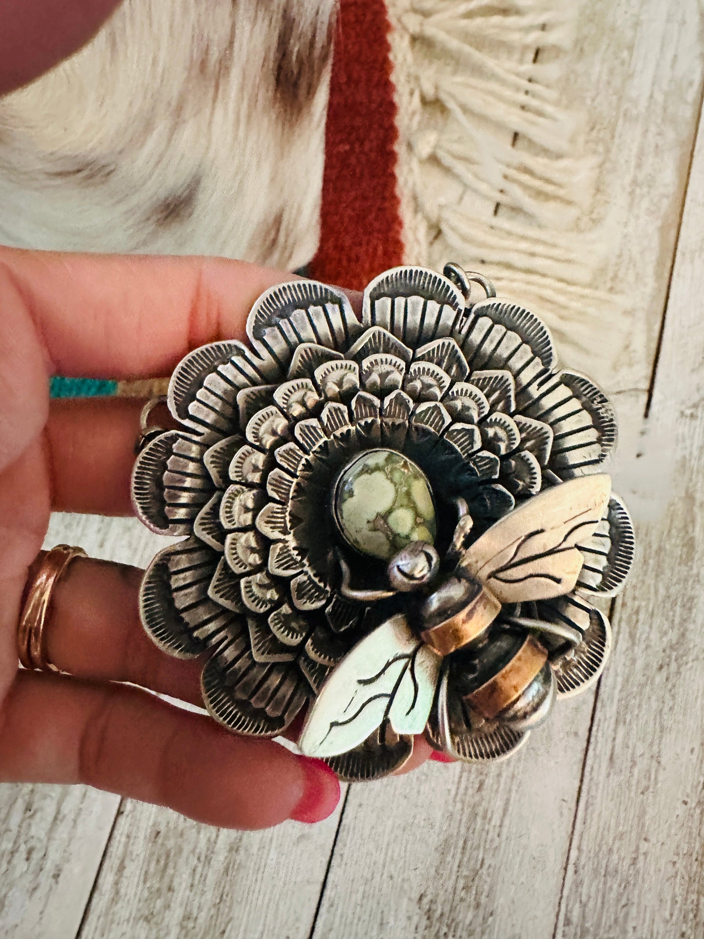 Navajo Sterling Silver and Turquoise Sunflower Necklace with Bee by Russell Sam