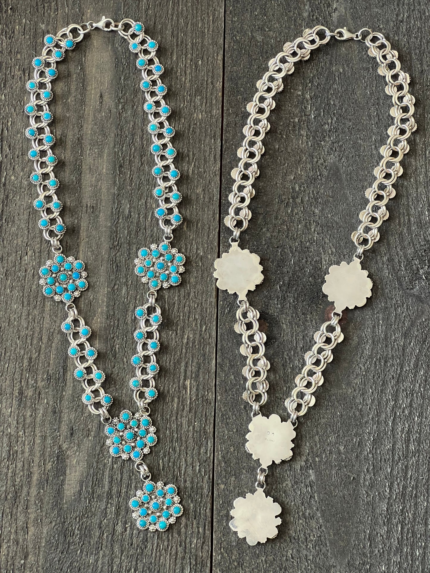 Zuni Sterling and Snake Eye Turquoise Link and Cluster Necklace by Dillon Cheama