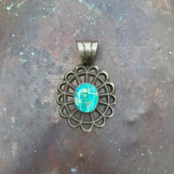 Navajo Made Sterling Silver and Turquoise Flower Pendant by Robert Chee