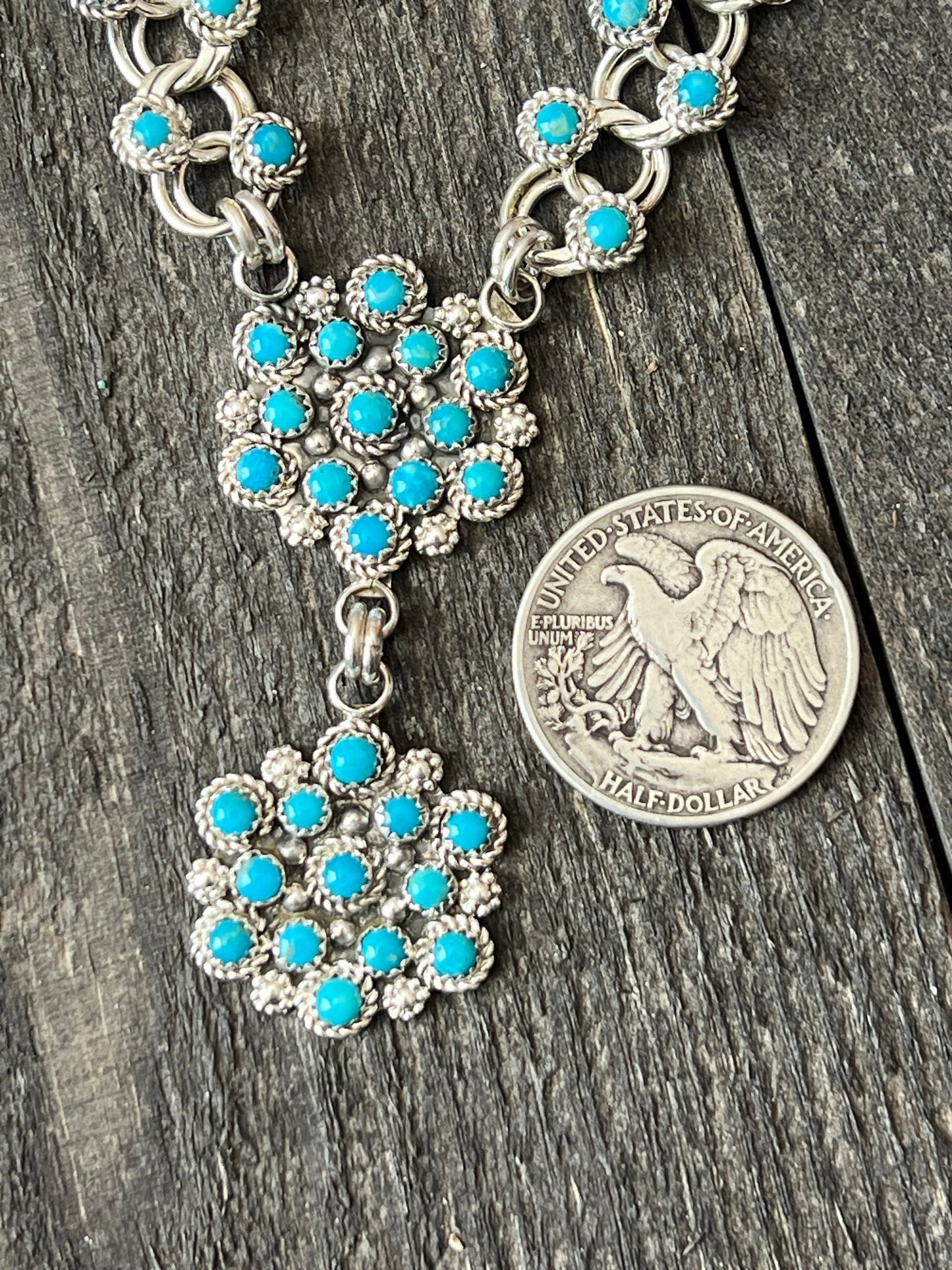 Zuni Sterling and Snake Eye Turquoise Link and Cluster Necklace by Dillon Cheama
