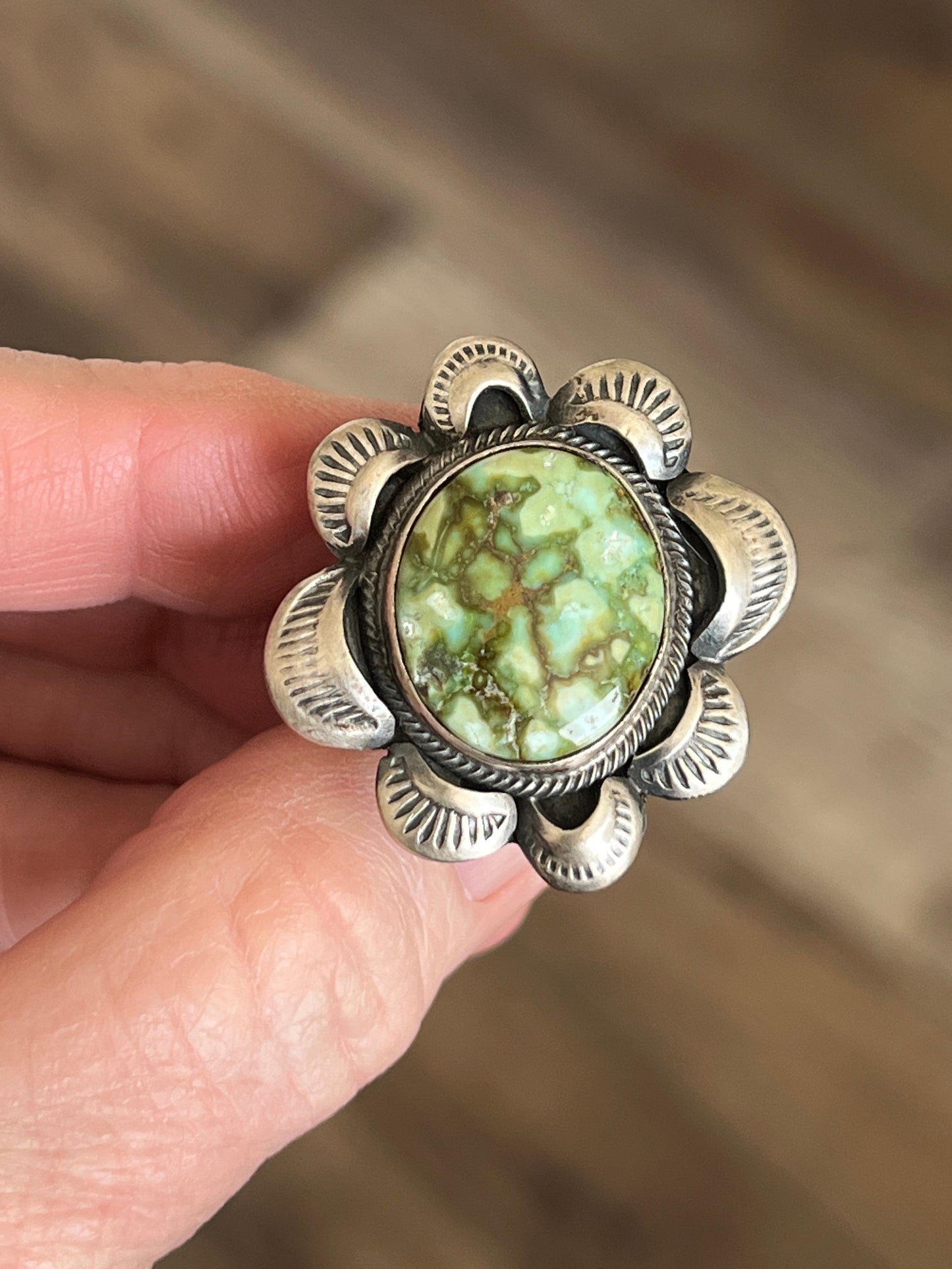 Navajo Sterling Silver and Natural Pilot Mountain Turquoise Single Stone Ring by Gilbert Tom, Size 8