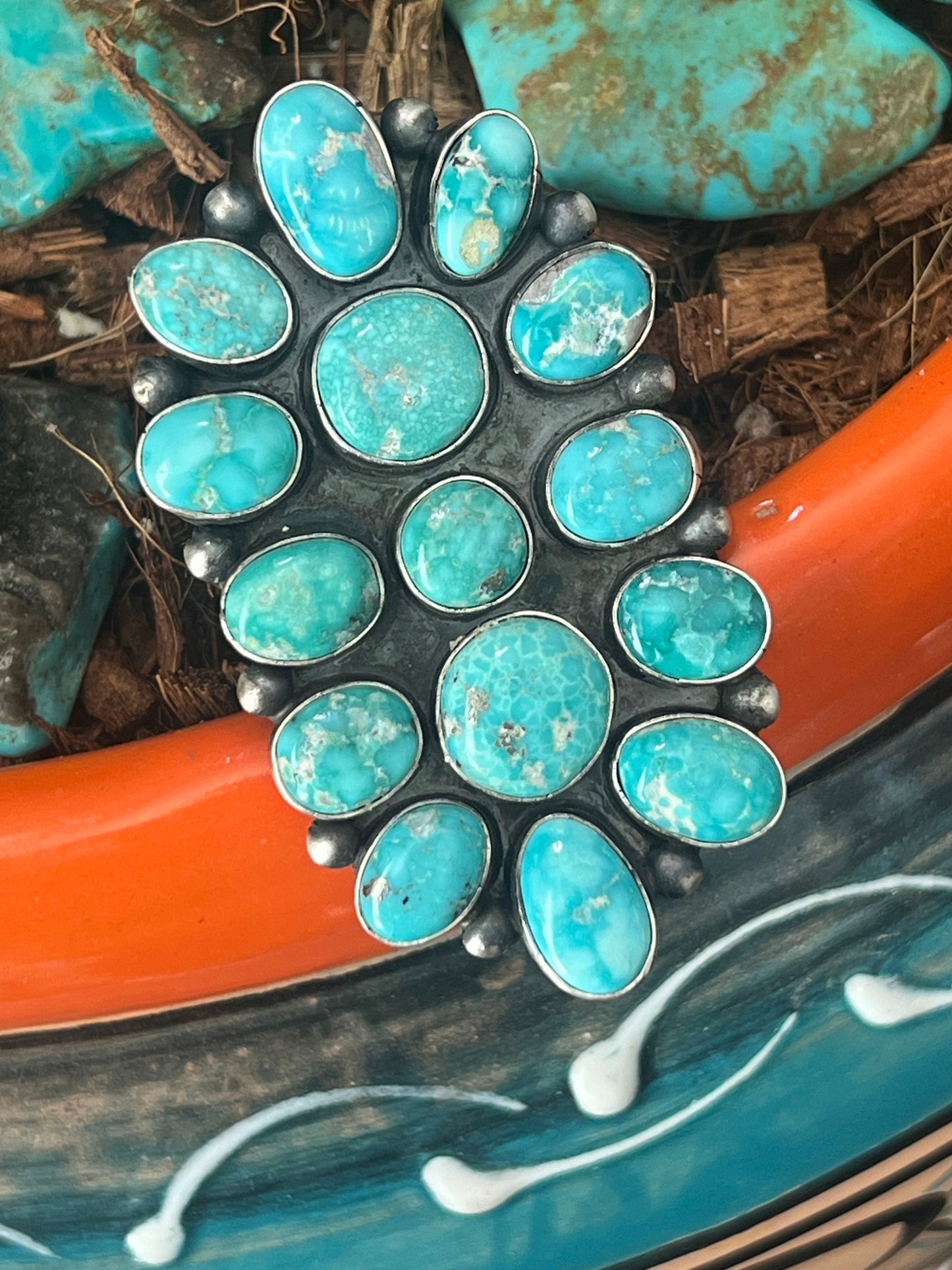 Navajo Paul Livingston Sterling Silver and Campitos Turquoise Cluster Ring, Size 7