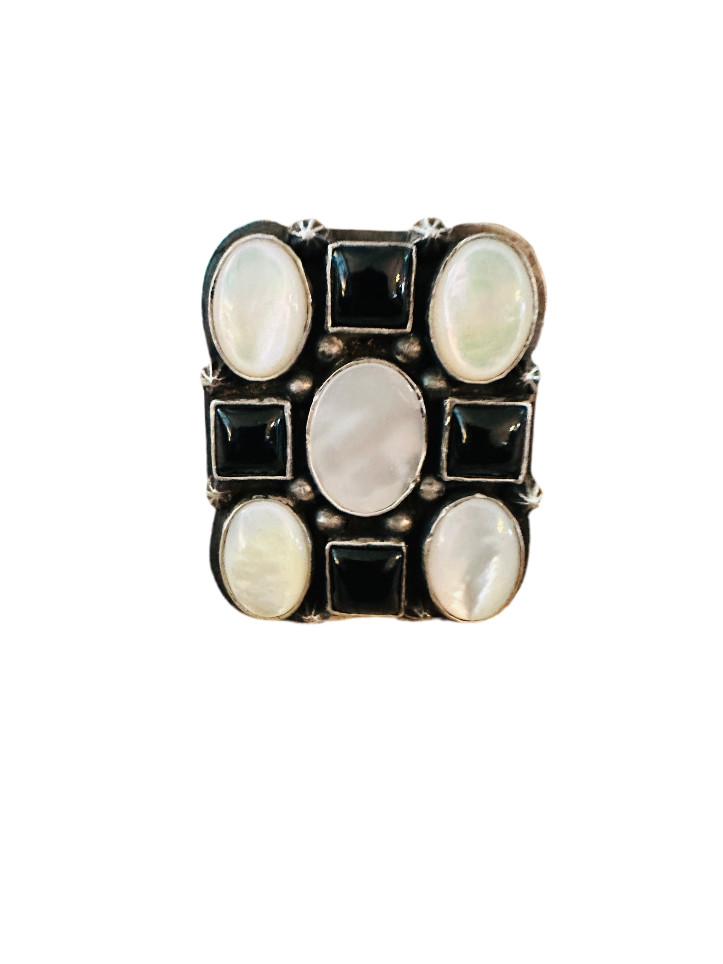 Navajo Sterling Silver, Onyx & Mother of Pearl Cluster Adjustable Ring by Charles Johnson