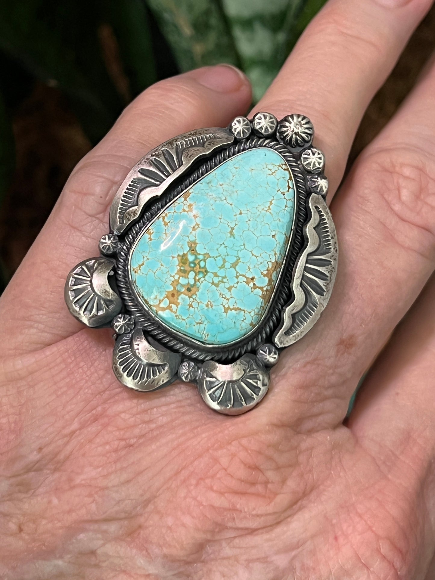 Sterling Silver and Number 8 Turquoise Ring by Gilbert Tom, Navajo, Size 6.5
