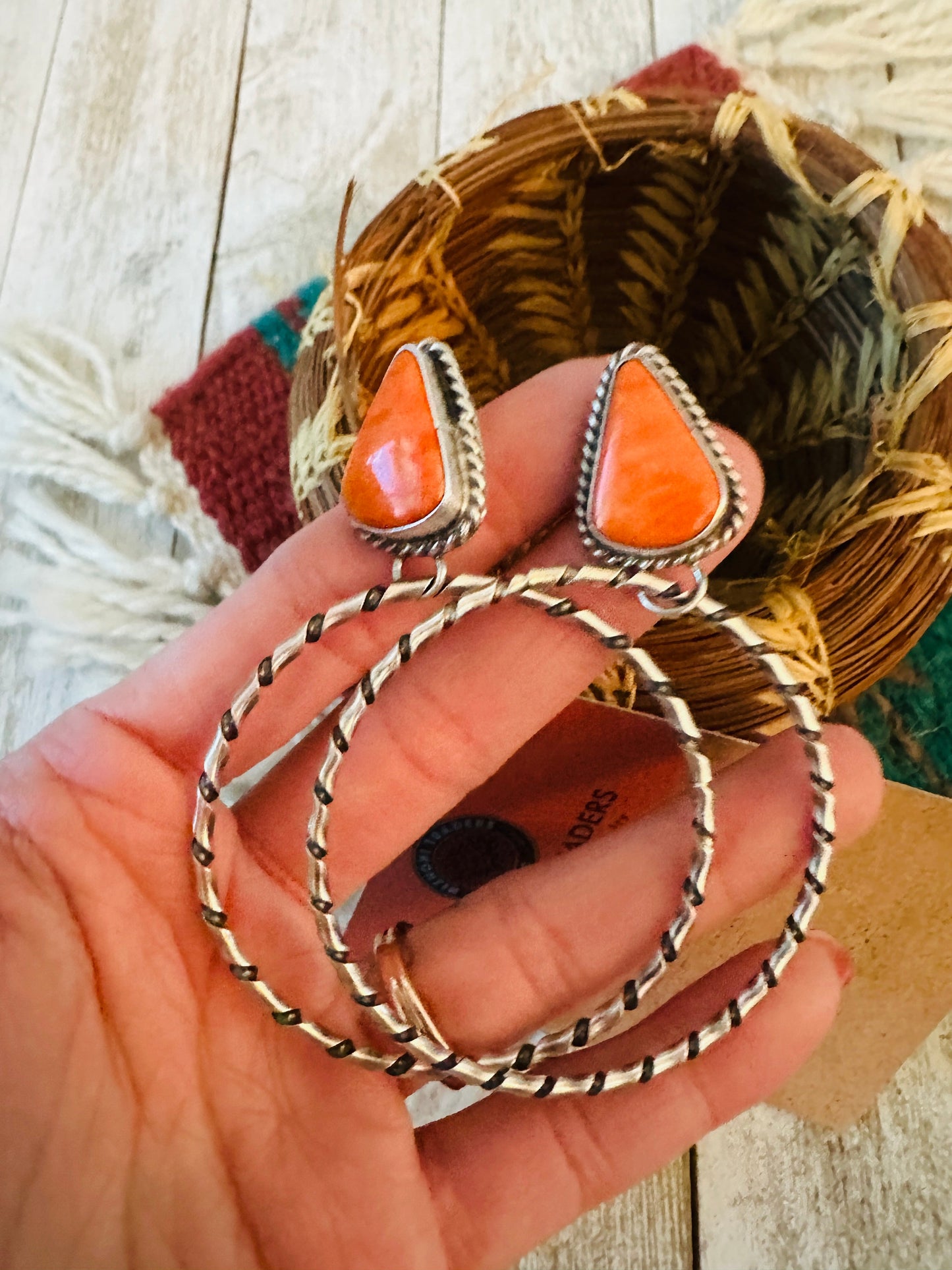 Navajo Orange Spiny and Sterling Silver Dangle Hoop Earrings