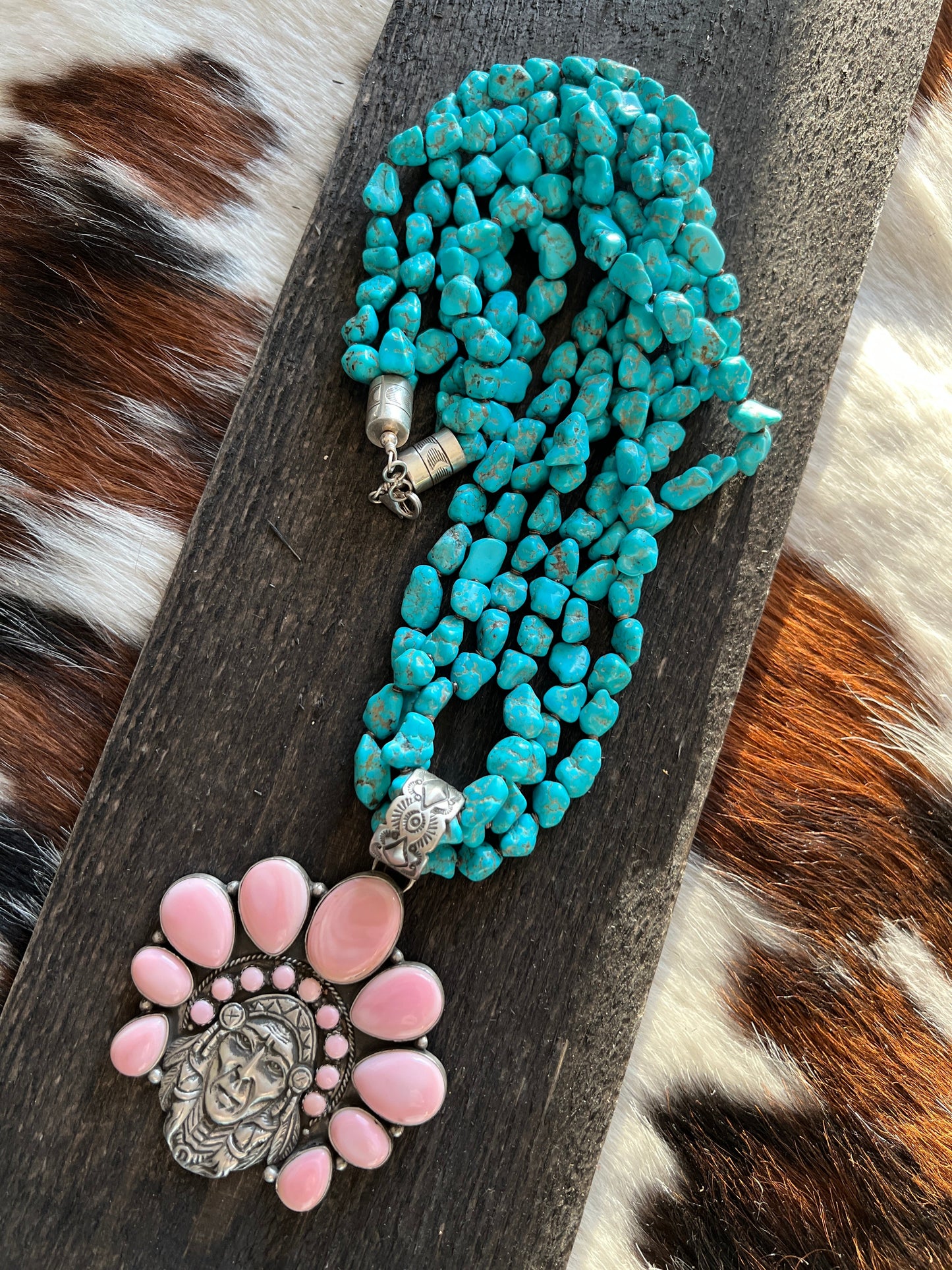 Navajo Sterling Silver Pink Conch Chief and Triple Strand Turquoise Nugget Bead Necklace by Patrick Yazzie