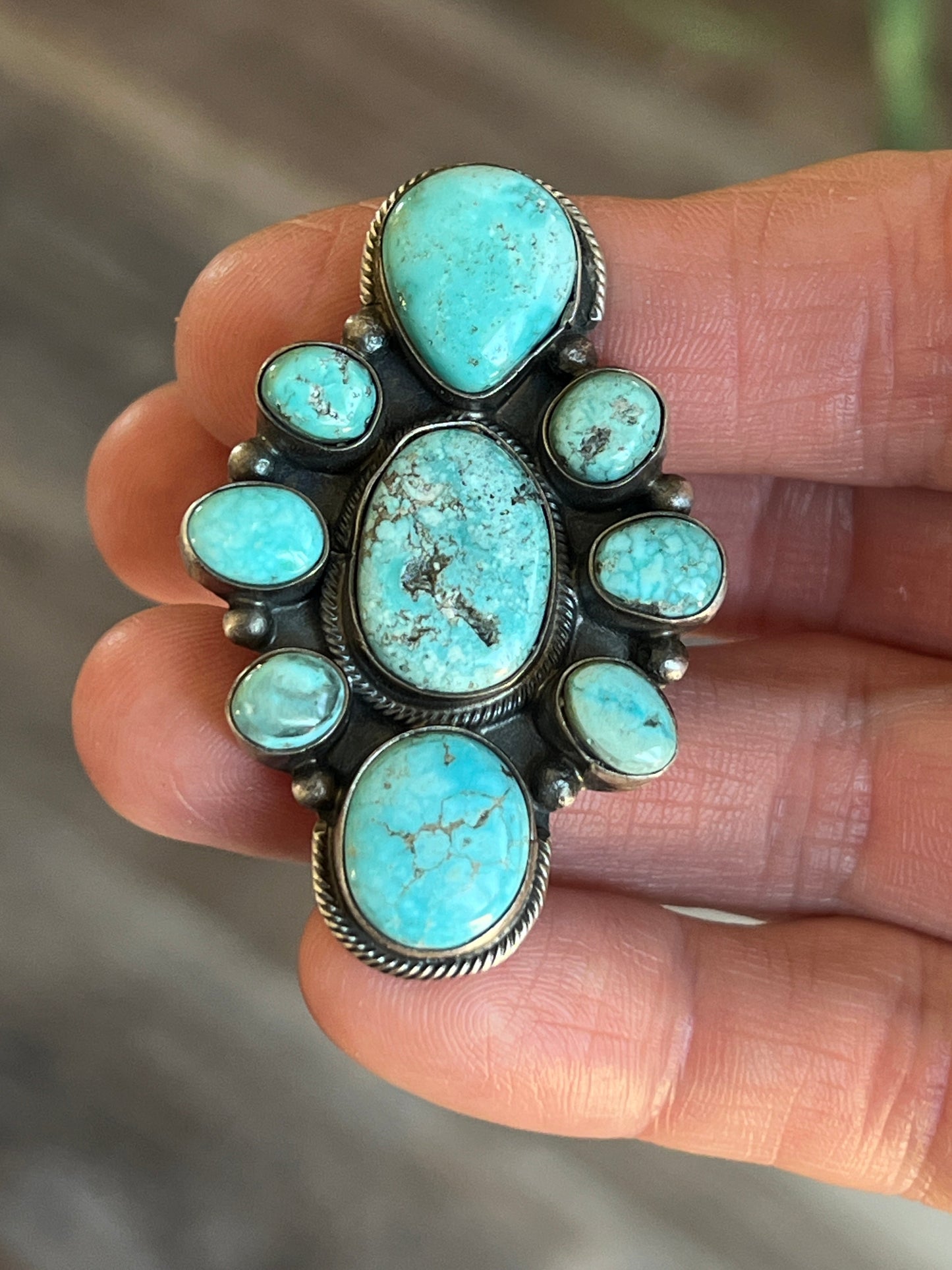 Navajo Sterling Silver and Natural Campitos Turquoise Cluster Ring by Sheila Becenti, Size 8.75