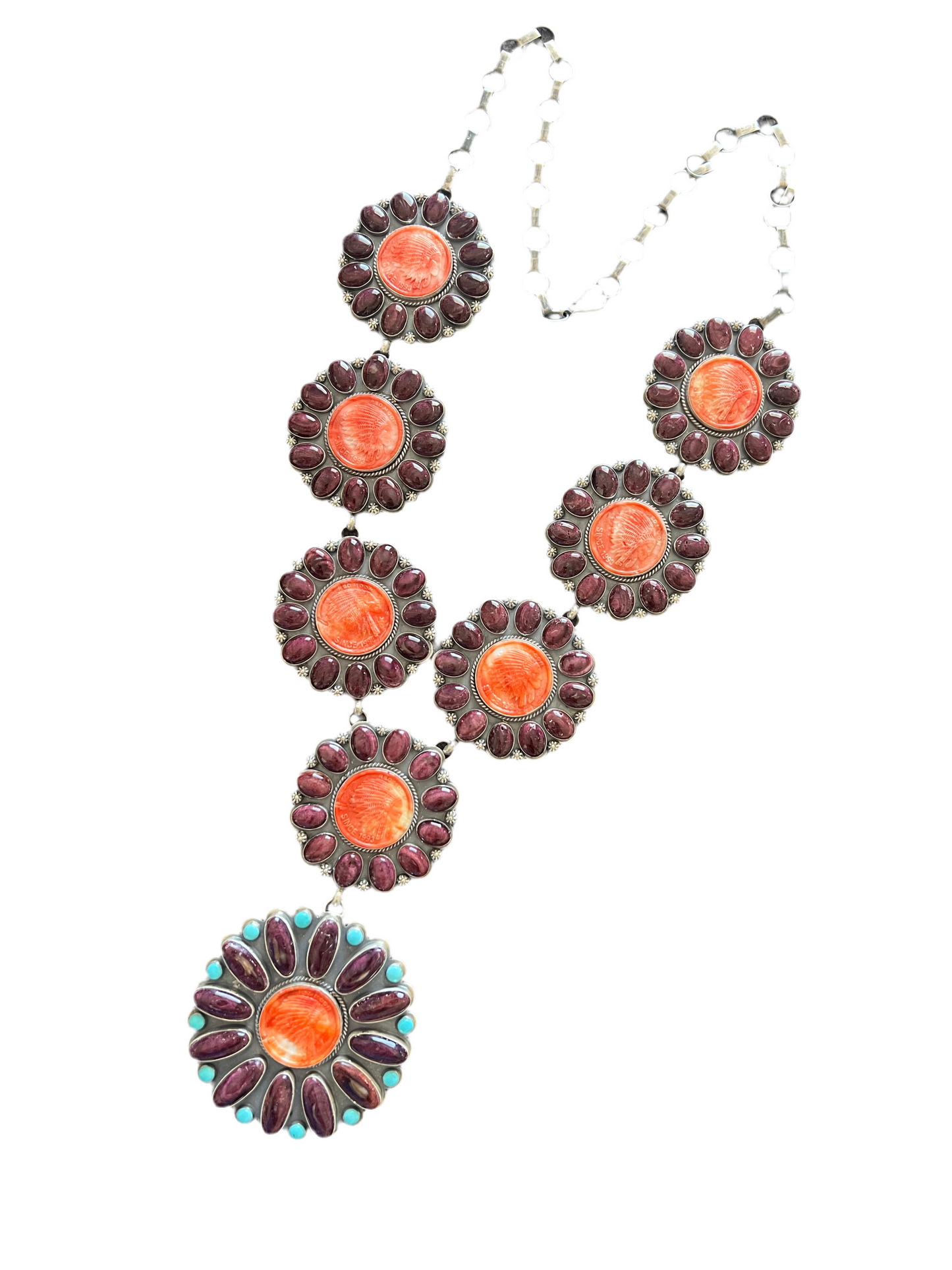 Stunning Navajo Sterling Silver, Carved Spiny Oyster and Turquoise Necklace by Gilbert Platero