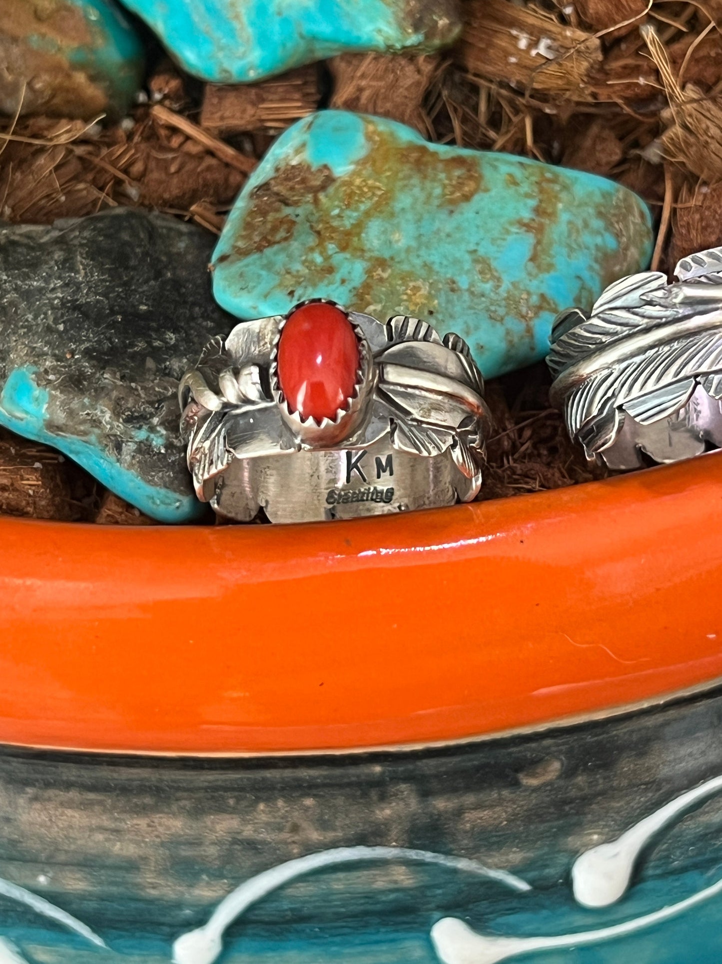 Navajo Sterling Silver Stout Feather Rings with Mediterranean Coral, Signed KM