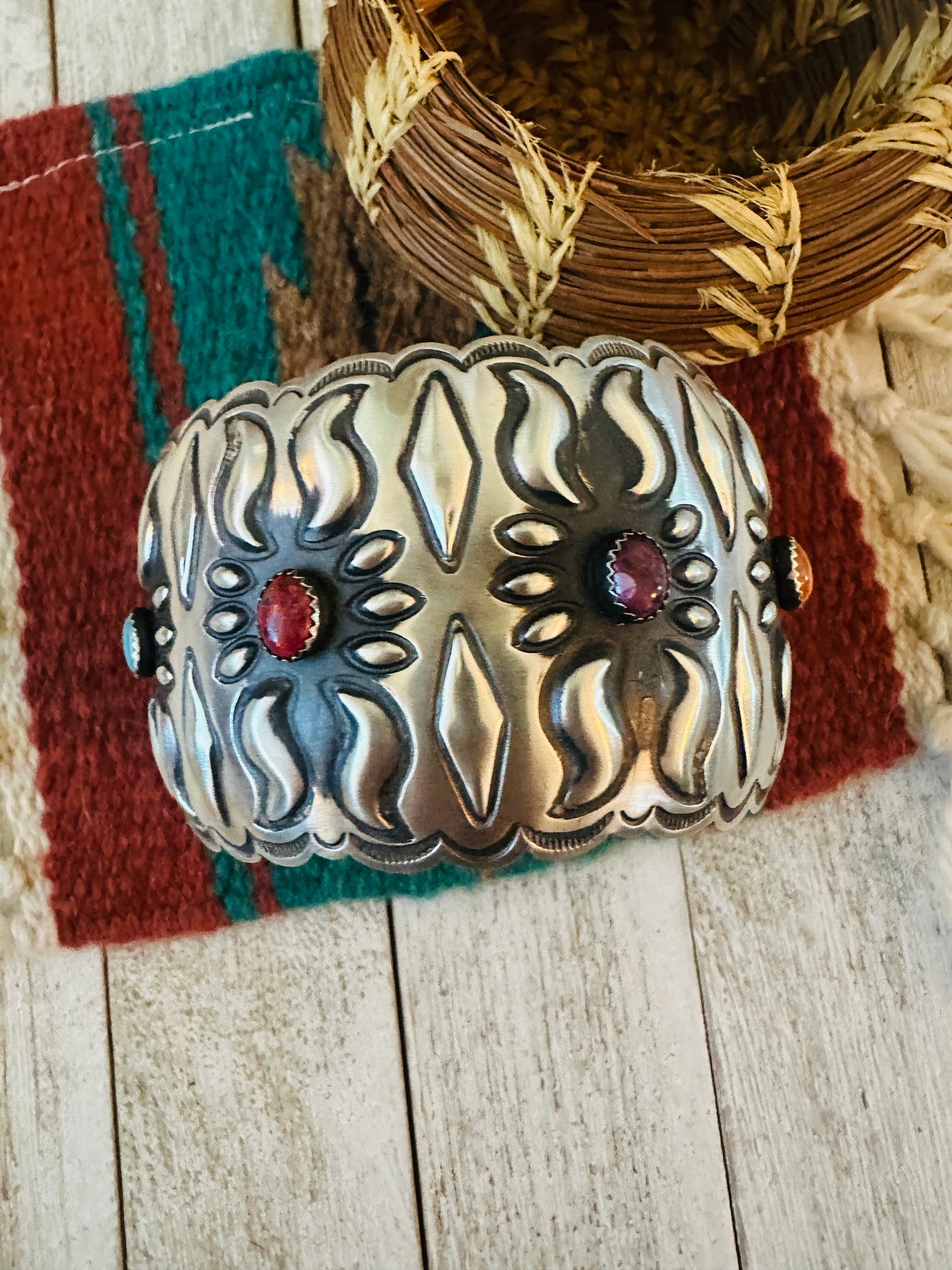 Navajo Sterling Silver, Spiny & Turquoise Bangle Bracelet by Leander Tahe