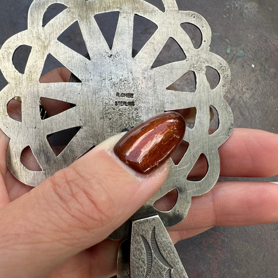 Navajo Made Sterling Silver and Turquoise Flower Pendant by Robert Chee