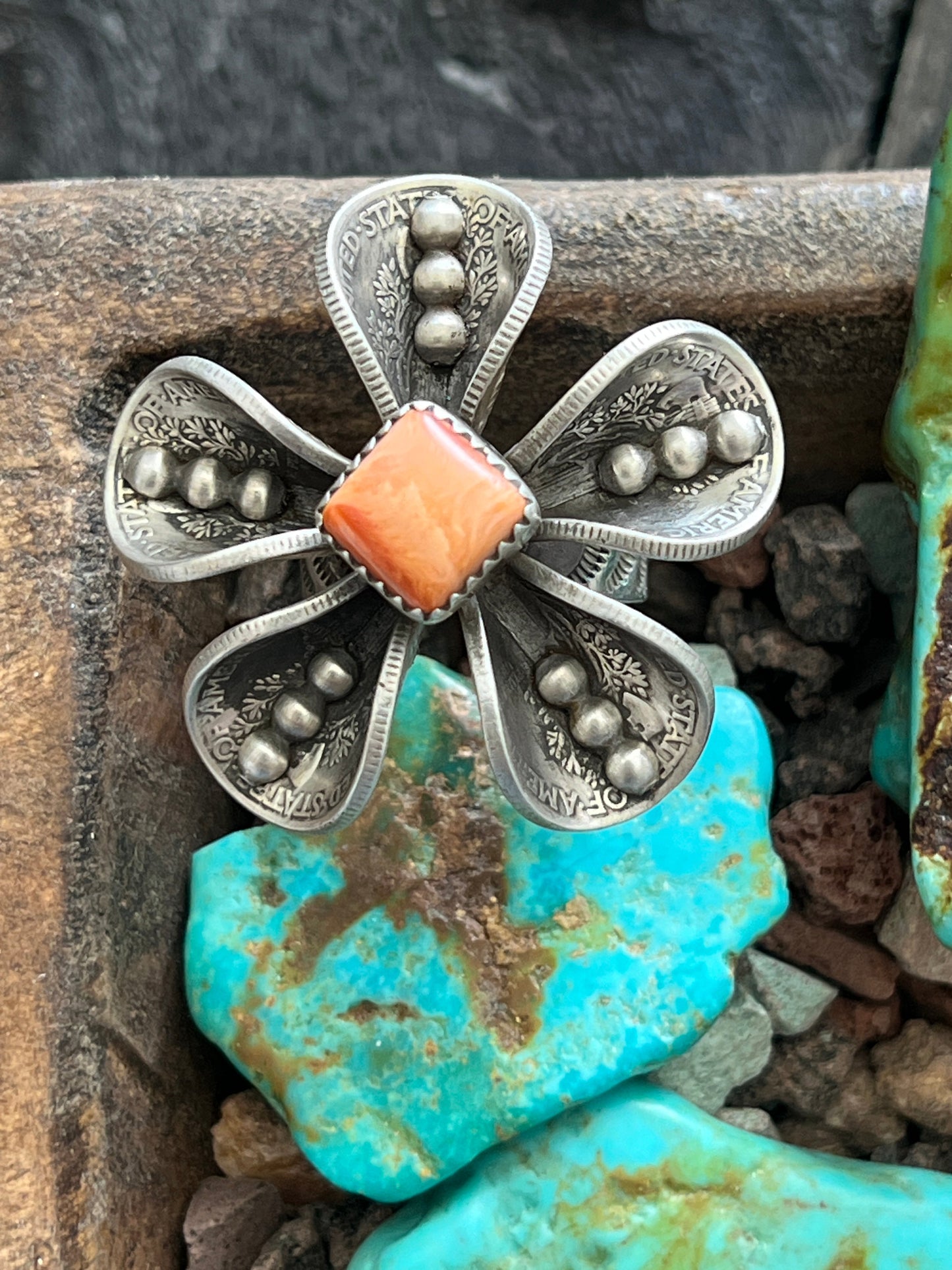 Navajo Sterling and Coin Silver Mercury Dime Flower Ring with Orange Spiny Oyster by James Begay, Adjustable