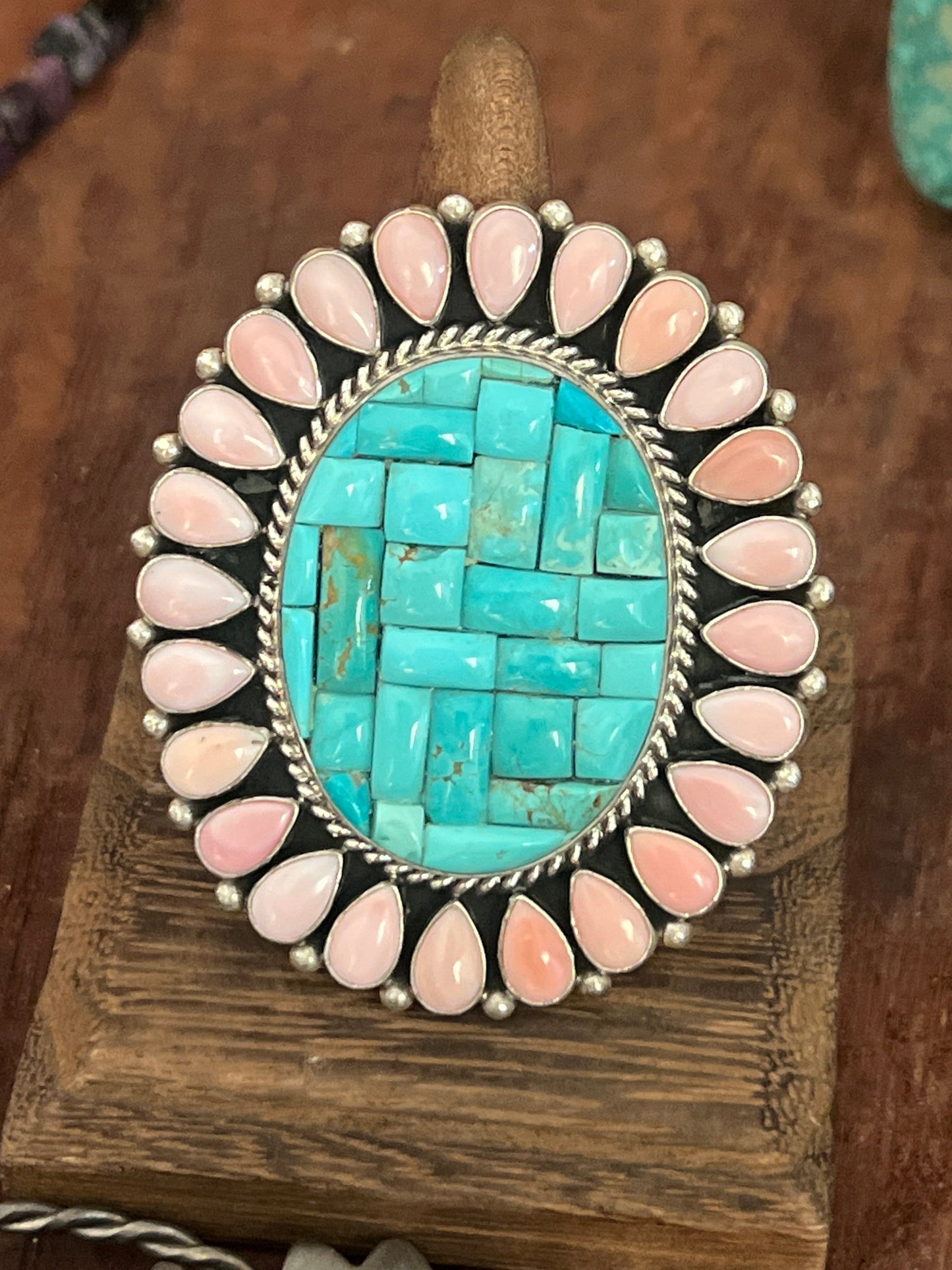Navajo Cobblestone Kingman Turquoise and Pink Conch Cluster Ring by Aaron Tallis, Adjustable