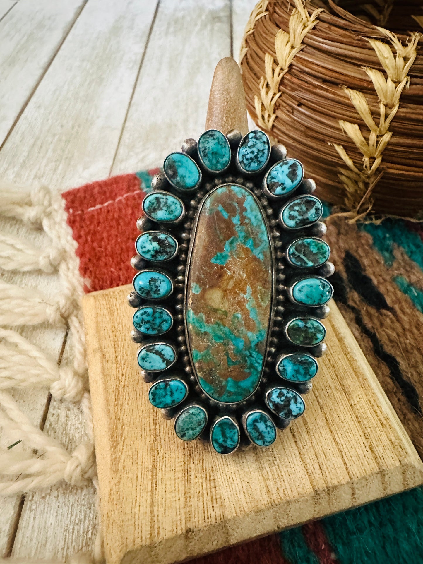 Navajo Turquoise & Sterling Silver Cluster Adjustable Ring by Blaine Yellowhorse