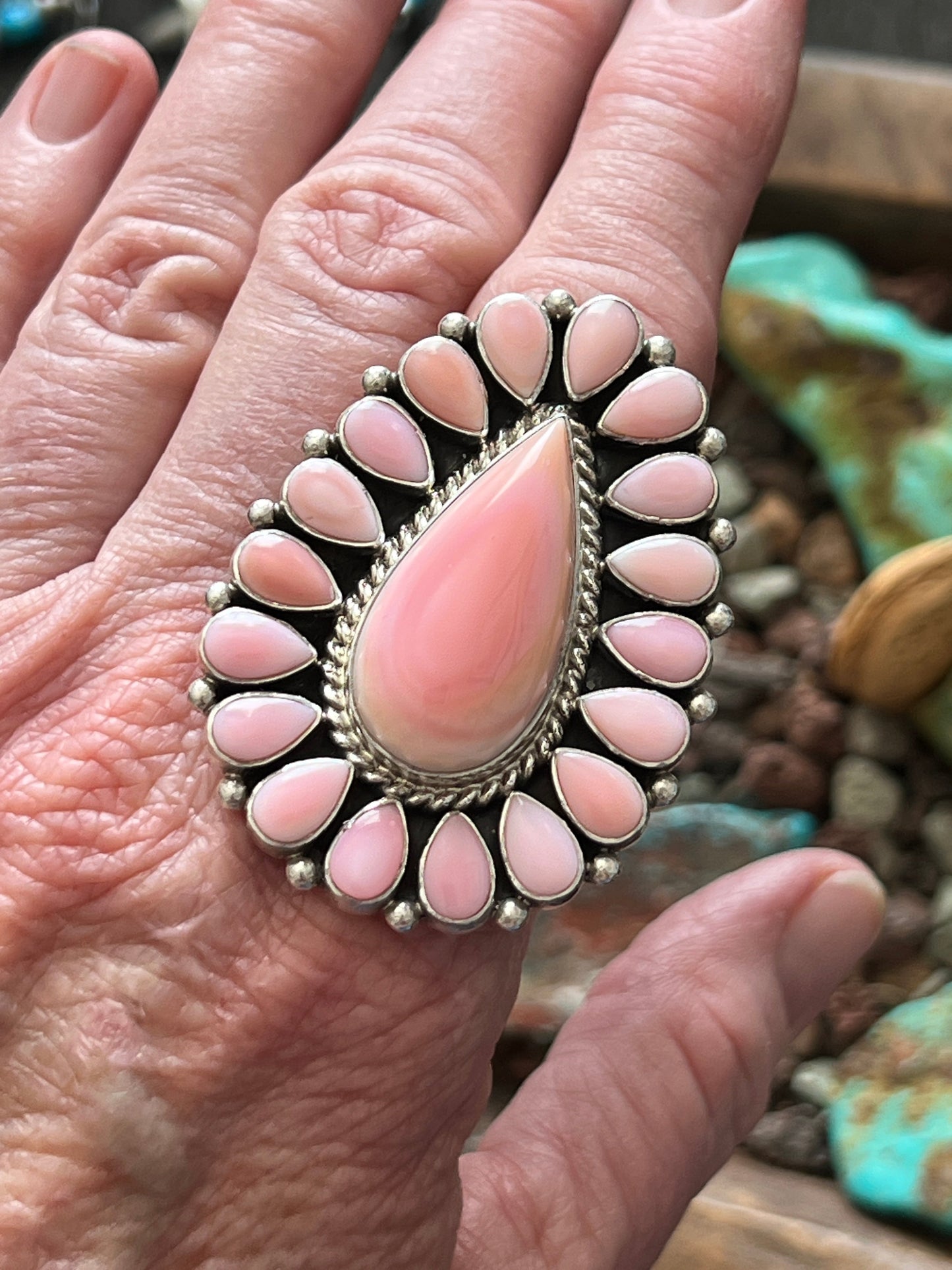 Navajo Sterling Silver and Tear Drop Queen Pink Conch Shell Cluster Ring by Aaron Tallis, Adjustable