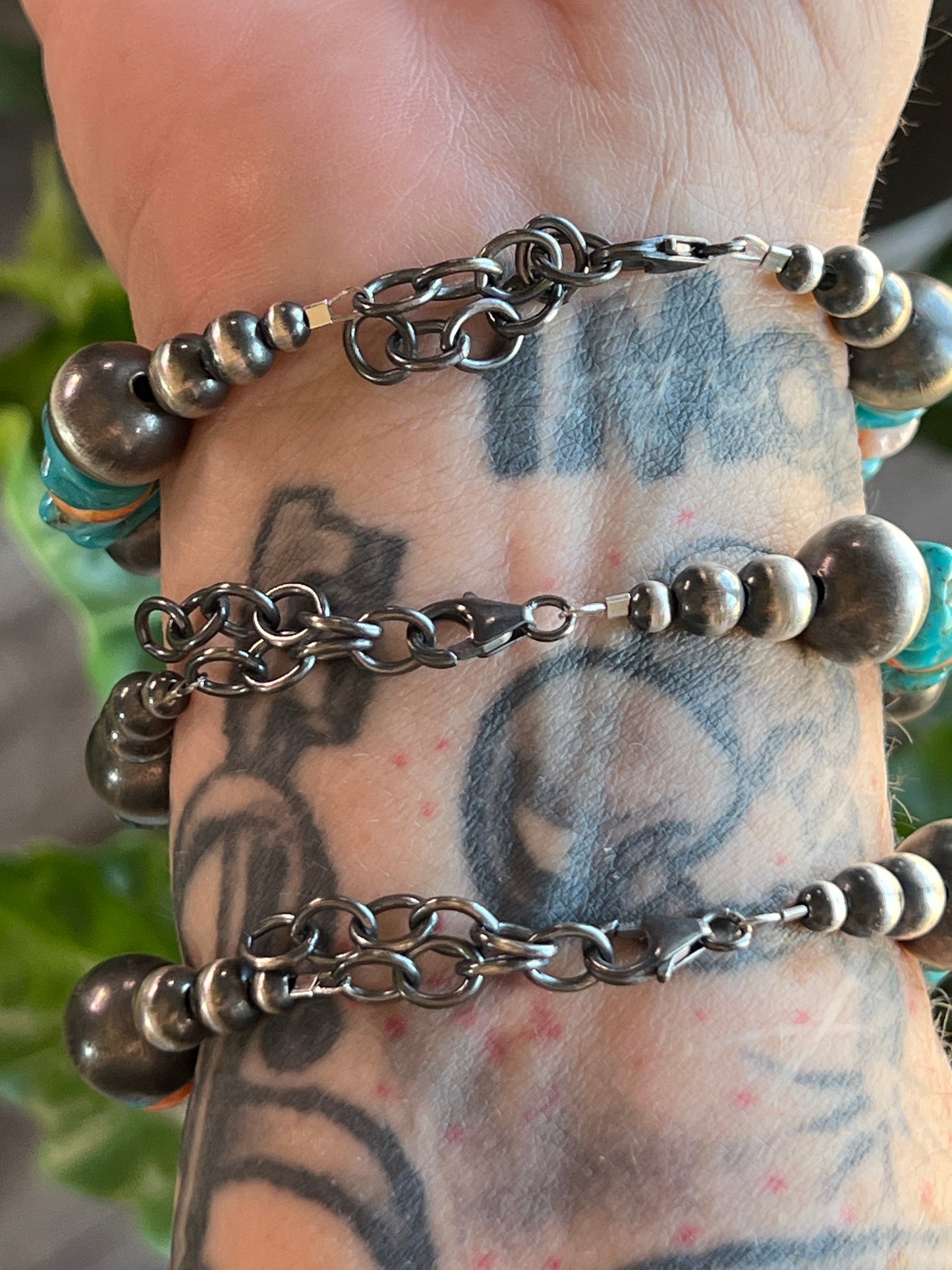 Navajo Made Chunky Sterling Silver, Turquoise and Spiny Oyster Shell Beaded Bracelet, Adjustable