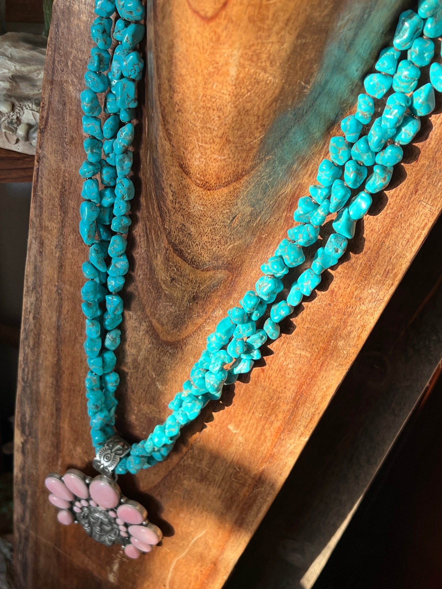 Navajo Sterling Silver Pink Conch Chief and Triple Strand Turquoise Nugget Bead Necklace by Patrick Yazzie