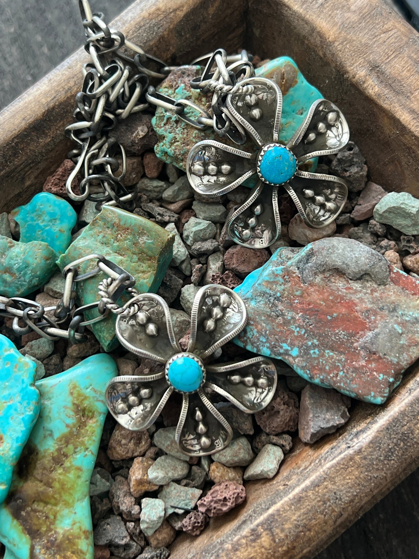 Navajo Sterling and Coin Silver Mercury Dime Flower Pendant with Turquoise on Handmade Chain by James Begay