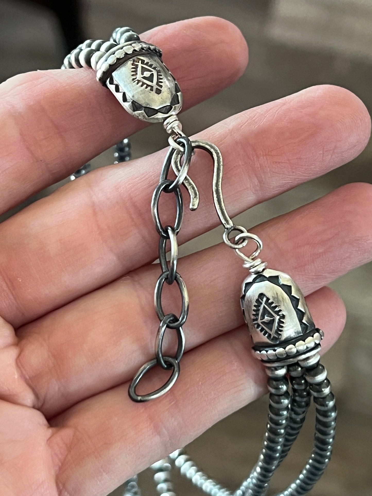 Navajo Made Sterling Silver Electric Rainbow Triple Layer Beaded Drop & Heart Necklace by Loretta Delgarito