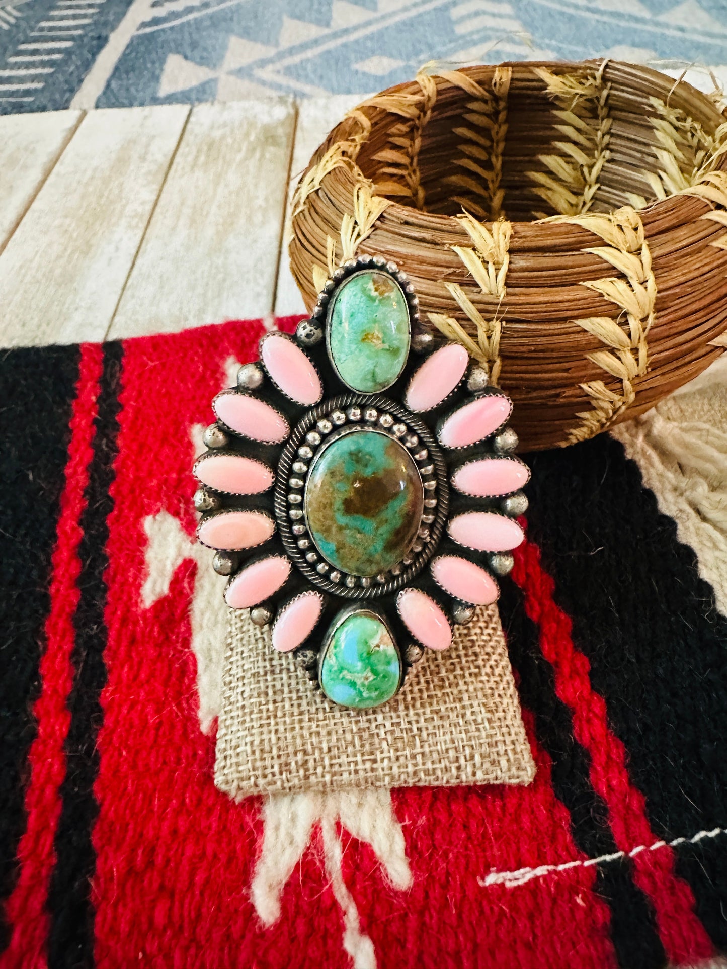 Navajo Sterling Silver, Queen Pink Conch & Turquoise Cluster Adjustable Ring by Hemerson Brown