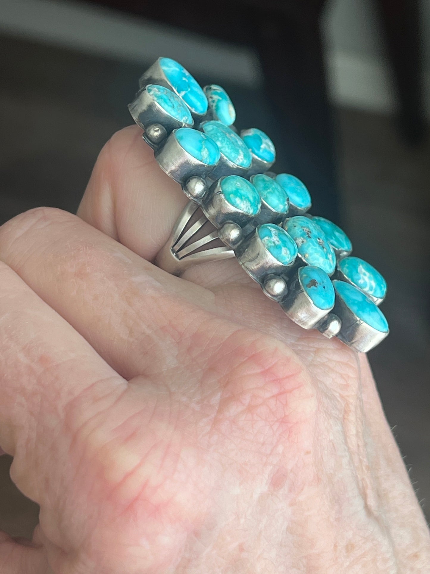 Navajo Paul Livingston Sterling Silver and Campitos Turquoise Cluster Ring, Size 7