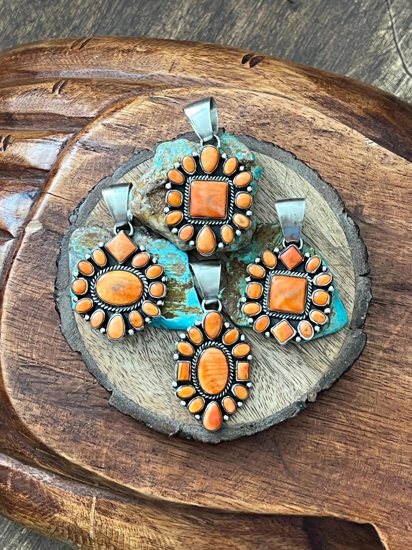 Navajo Sterling Silver and Burnt Spiny Oyster Shell Cluster Pendants by Loretta Delgarito