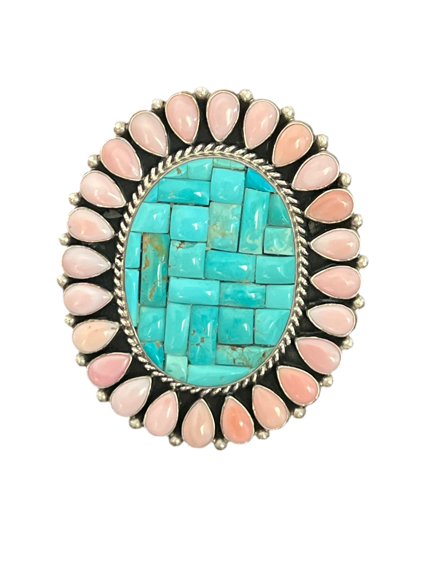 Navajo Cobblestone Kingman Turquoise and Pink Conch Cluster Ring by Aaron Tallis, Adjustable
