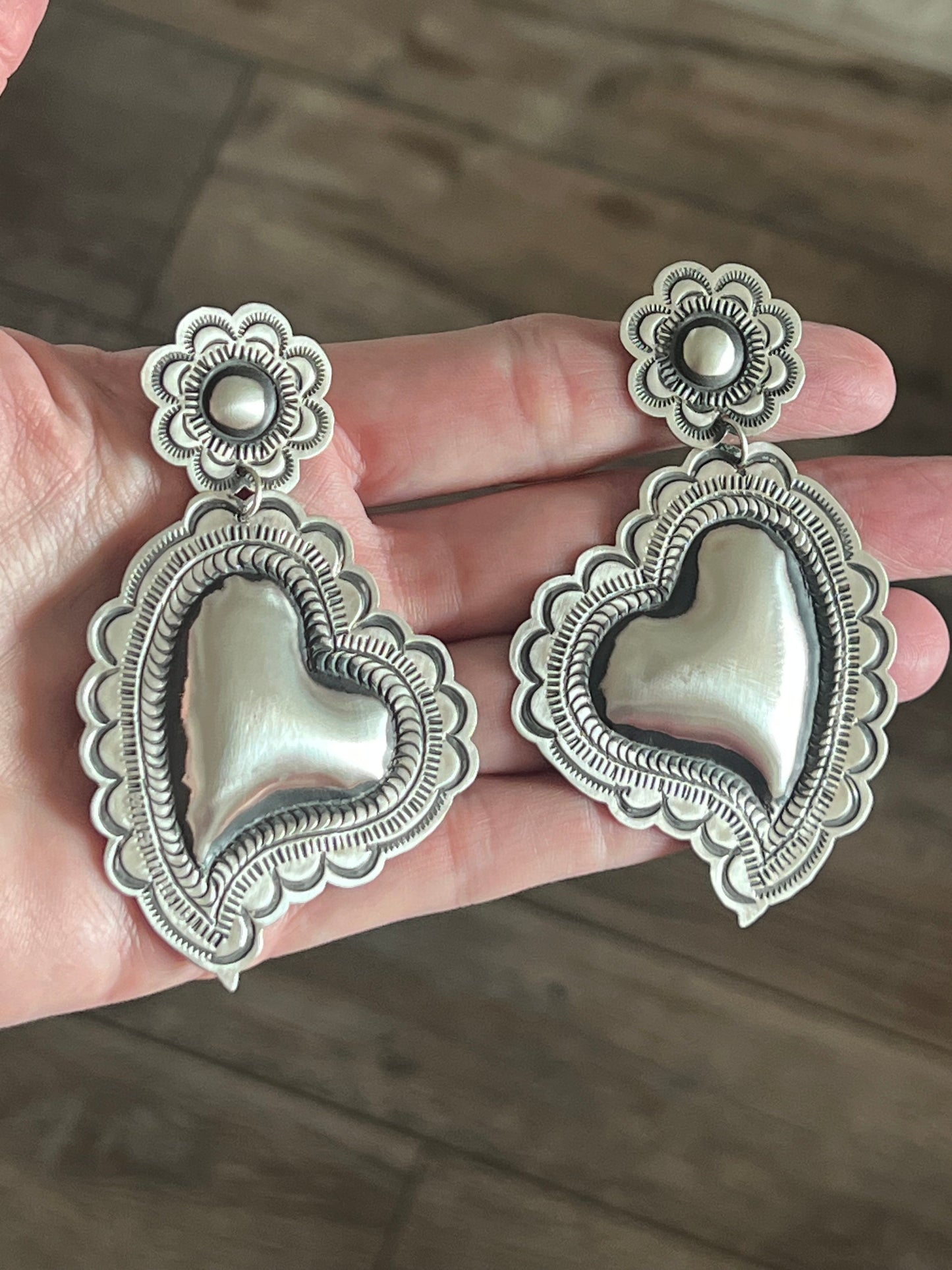 Handmade Navajo Sterling Silver Stamped Repousse Heart Earrings by Leander Tahe, AH1