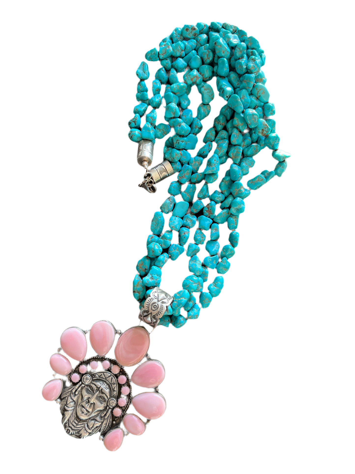 Navajo Sterling Silver Pink Conch Chief and Triple Strand Turquoise Nugget Bead Necklace by Patrick Yazzie