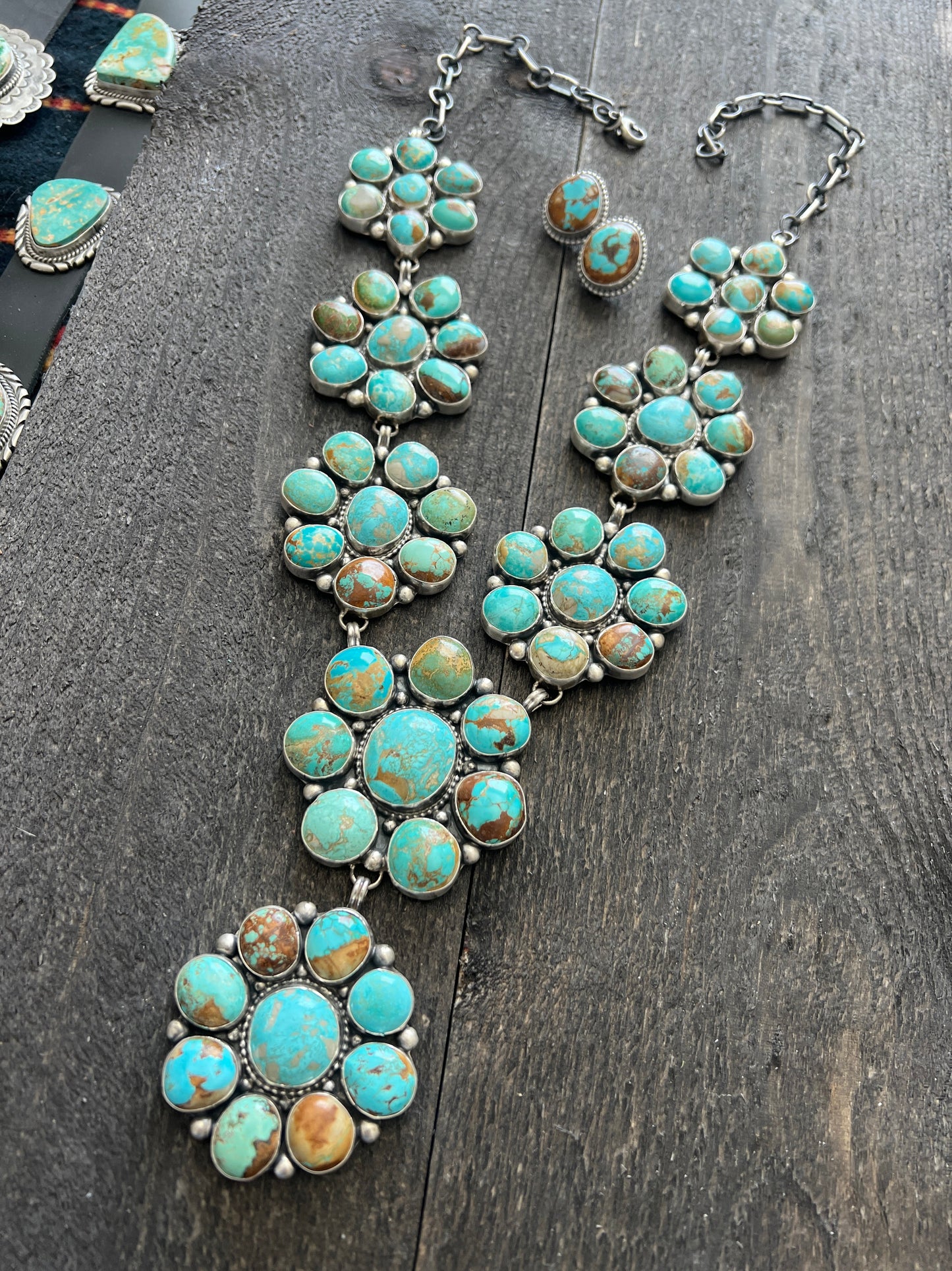 Navajo Big Mama Sterling Silver and Royston Turquoise Cluster Necklace with Matching Earrings by Sheila Becenti