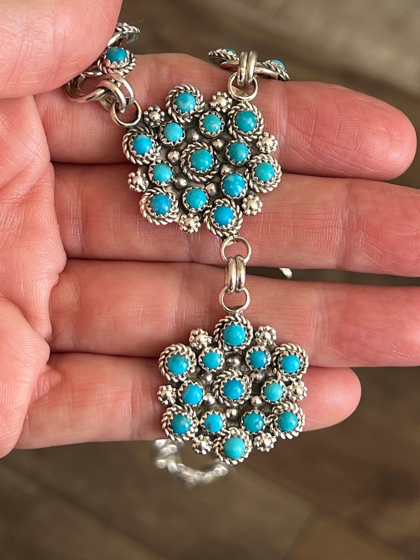 Zuni Sterling and Snake Eye Turquoise Link and Cluster Necklace by Dillon Cheama