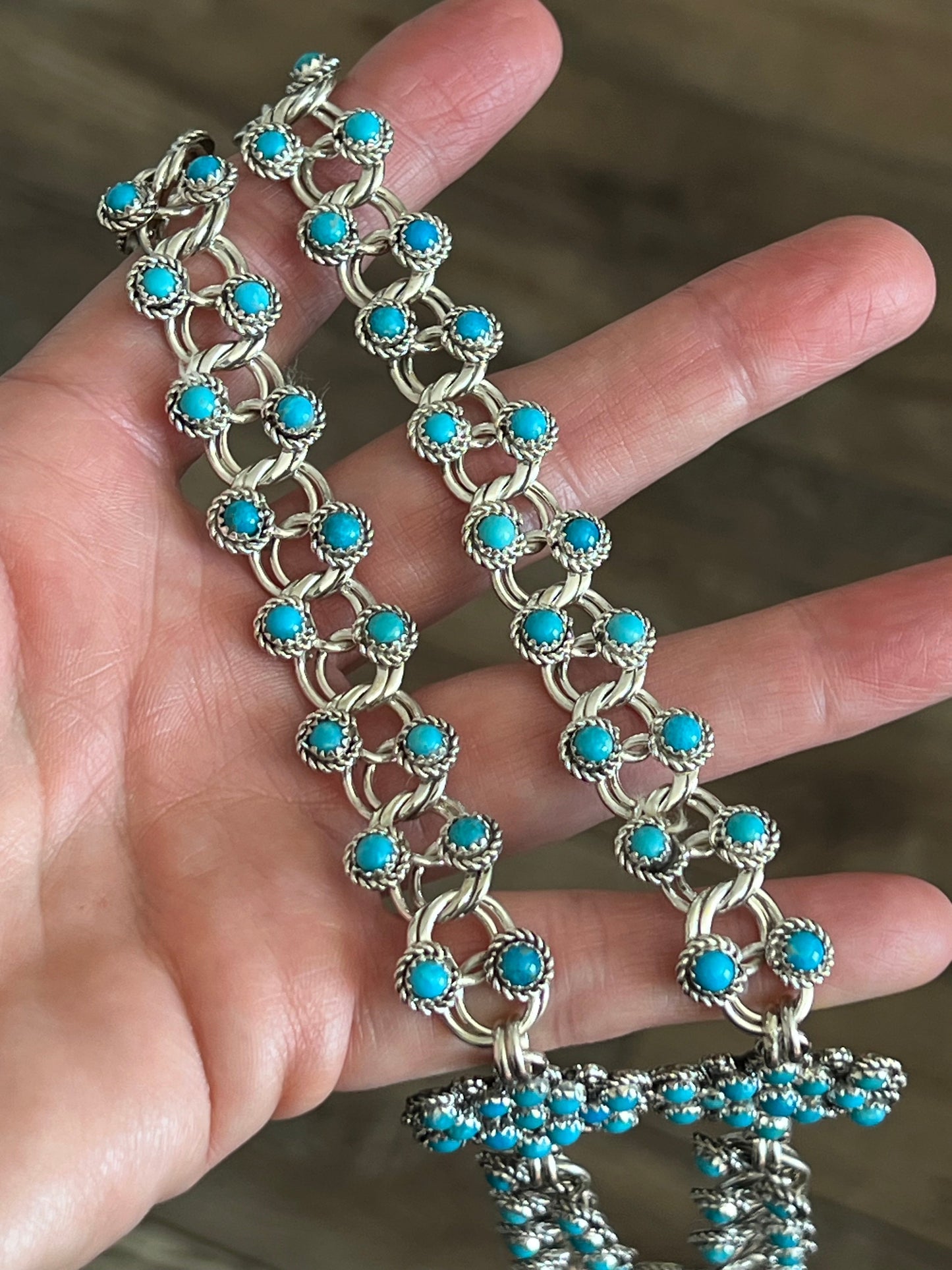 Zuni Sterling and Snake Eye Turquoise Link and Cluster Necklace by Dillon Cheama