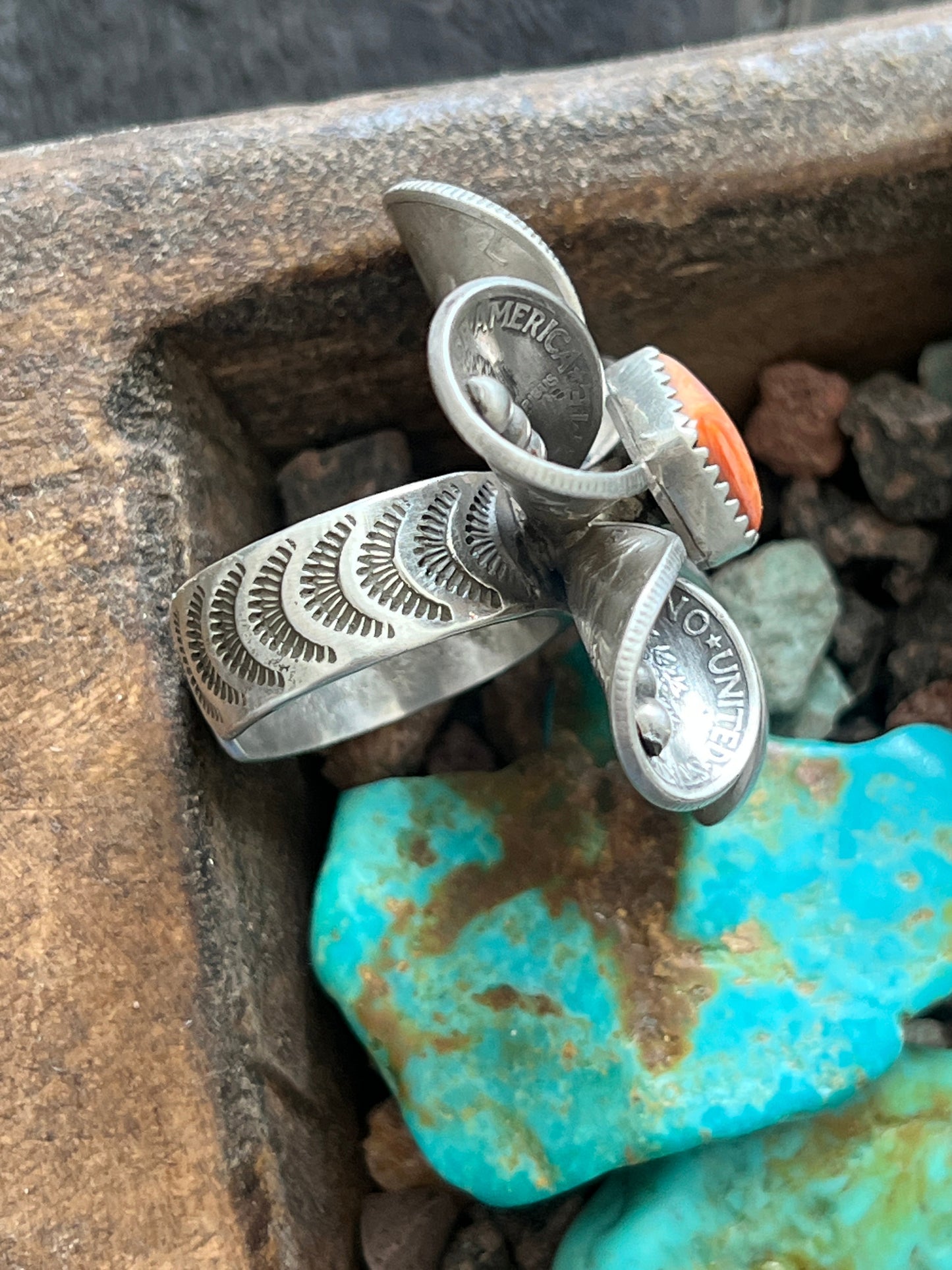 Navajo Sterling and Coin Silver Mercury Dime Flower Ring with Orange Spiny Oyster by James Begay, Adjustable