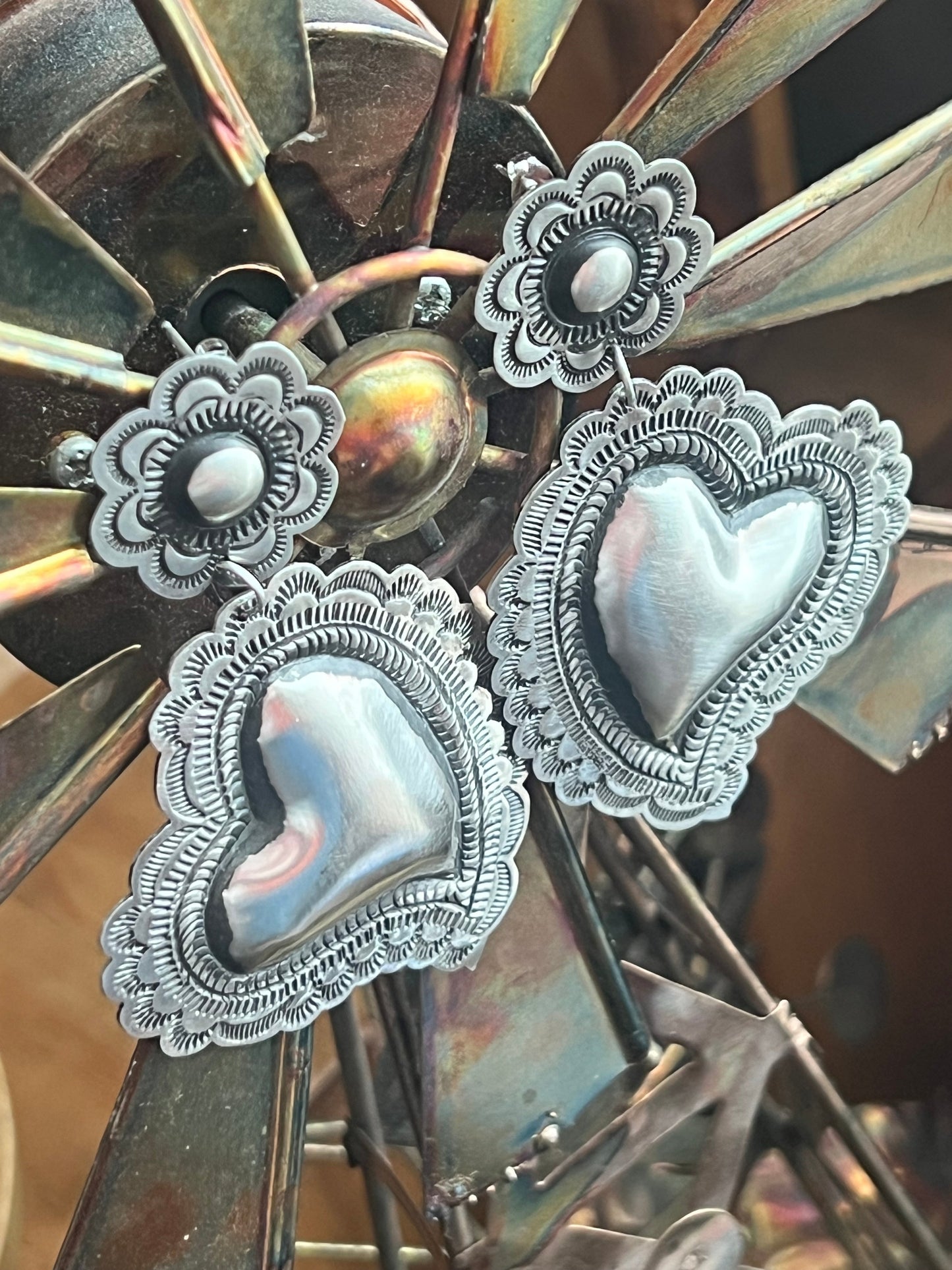 Handmade Navajo Sterling Silver Stamped Repousse Heart Earrings by Leander Tahe, AH2
