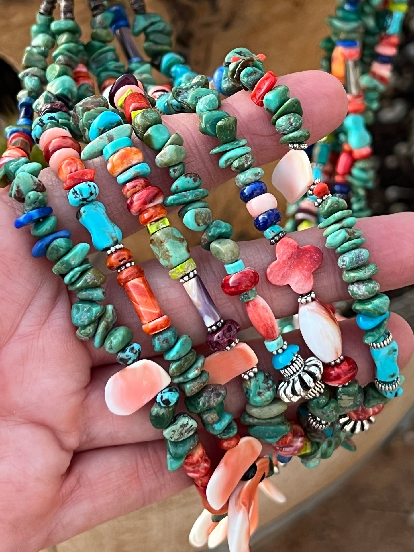 Gorgeous Navajo Made Six Strand Turquoise and Spiny Oyster Beaded Squaw Wrap Necklace, Green