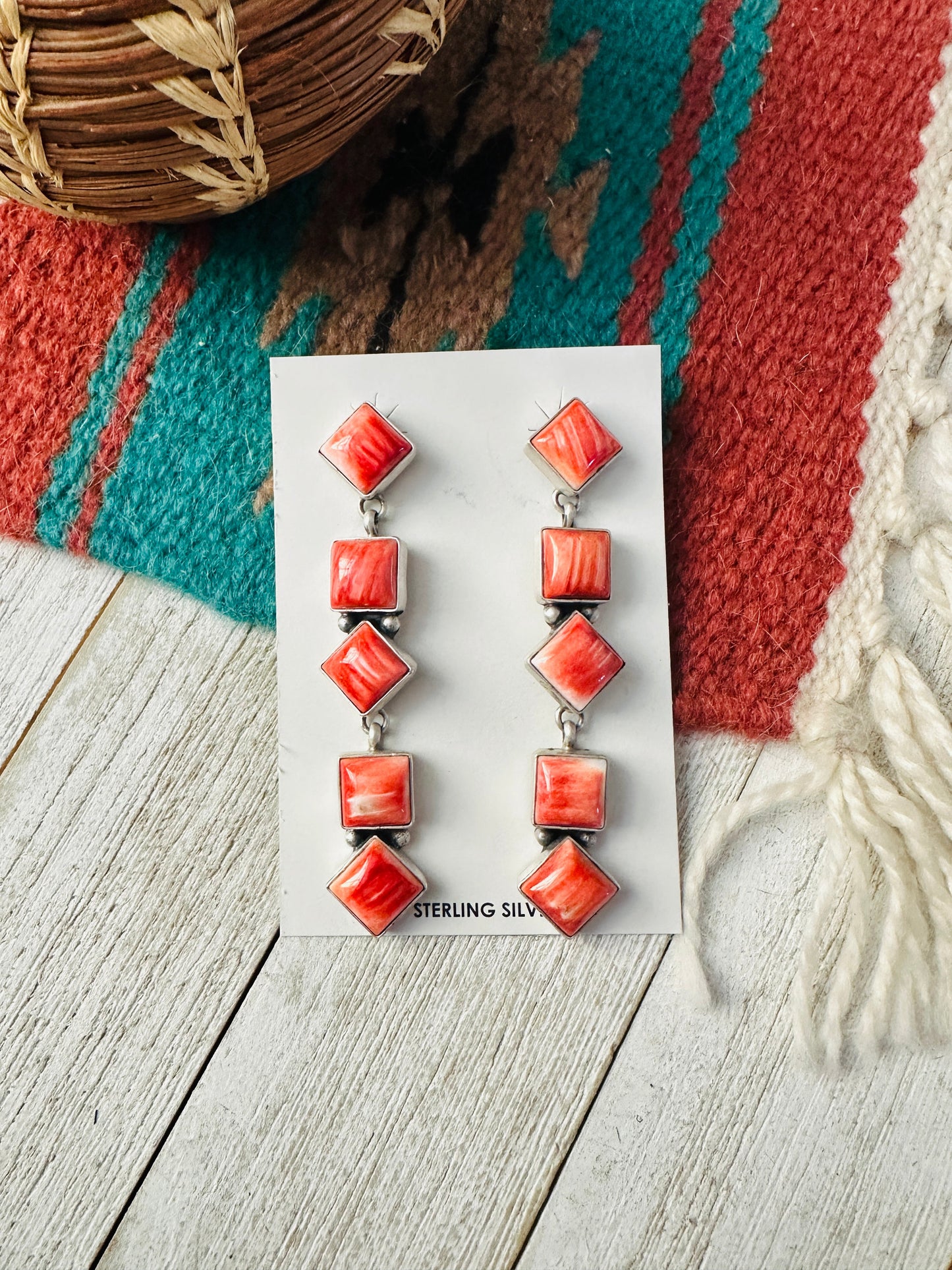 Navajo Orange Spiny and Sterling Silver Dangle Earrings