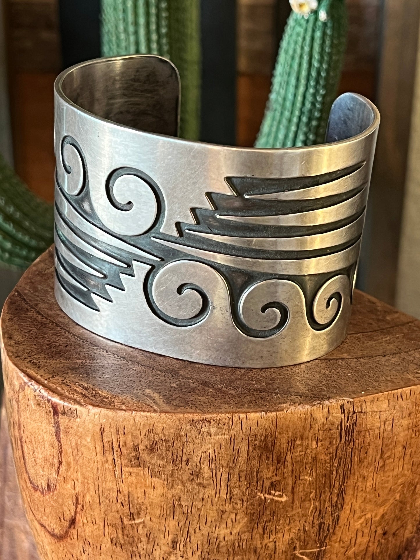 Old Pawn Sterling Silver Navajo Water Design Overlay Cuff, Unsigned