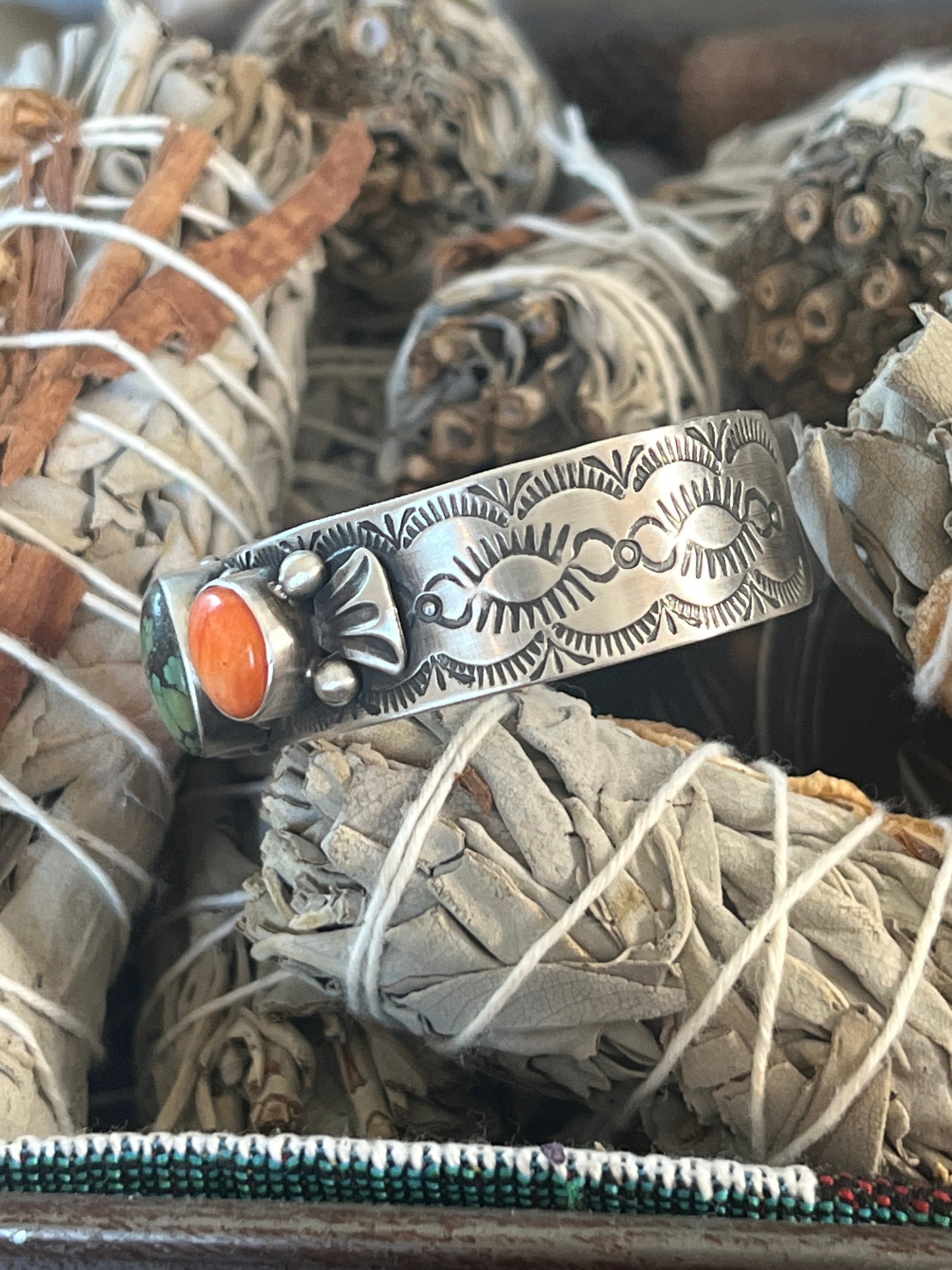 Randall Endito Spiny Oyster and Hubei Turquoise Stamped Cuff Bracelet
