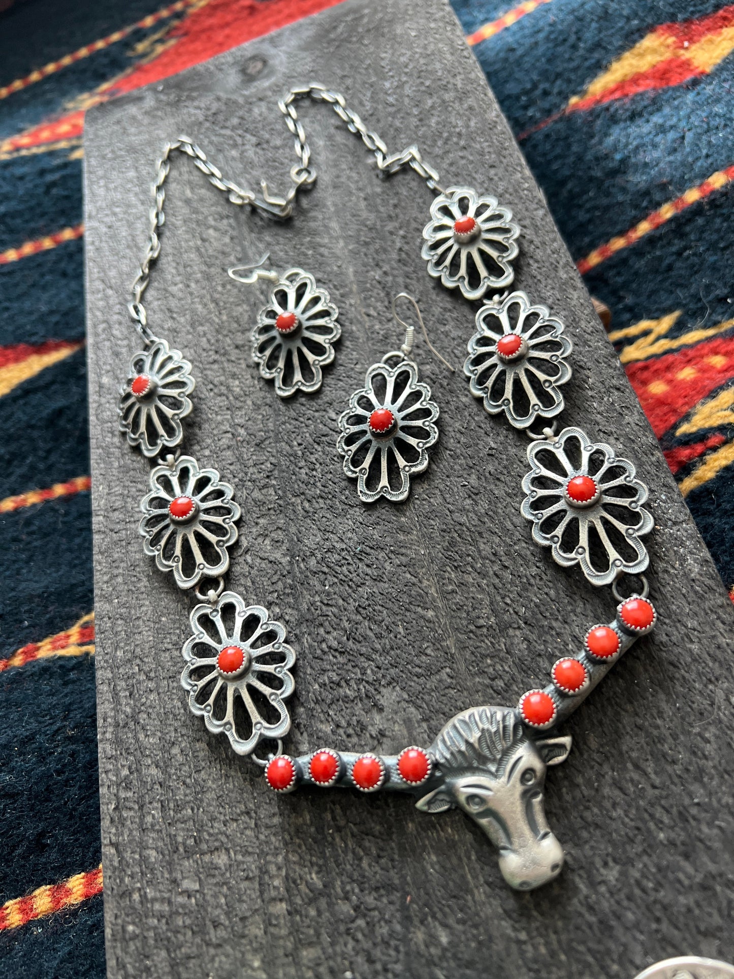 Navajo Sterling Silver and Mediterranean Coral Steer Head Concho Necklace & Earrings by Kevin Billah