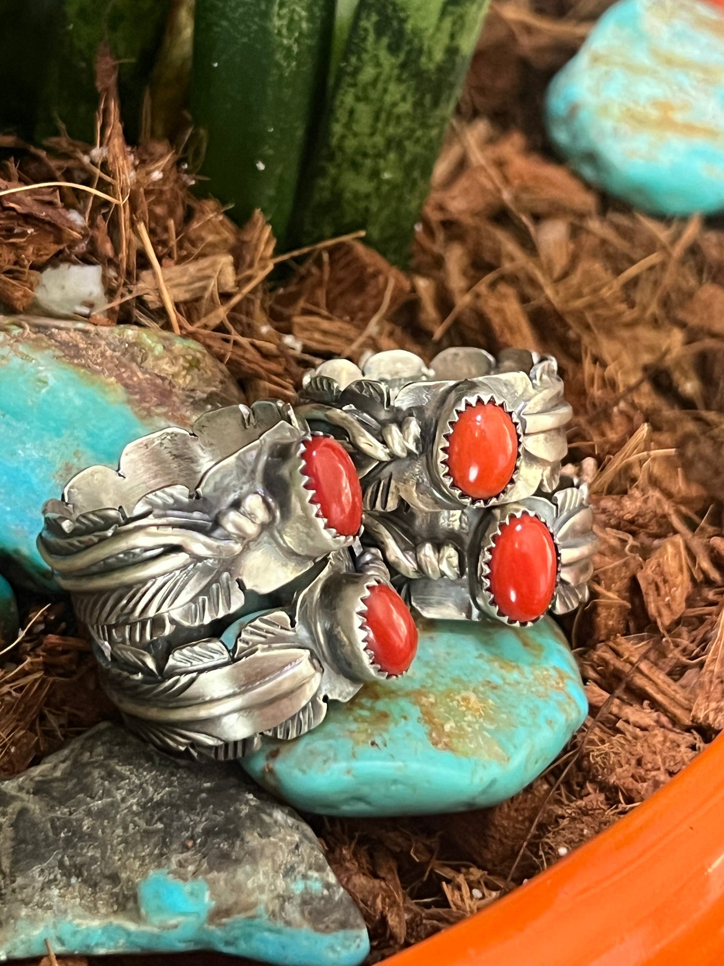 Navajo Sterling Silver Stout Feather Rings with Mediterranean Coral, Signed KM