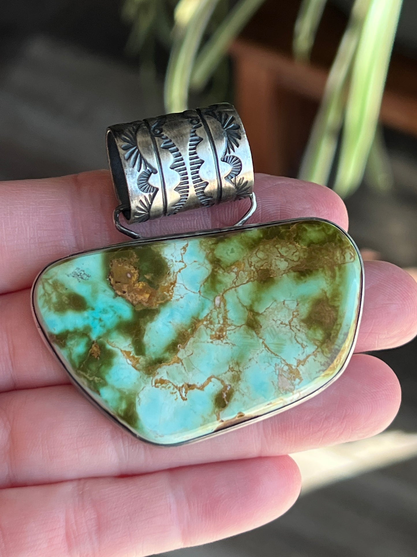 Navajo Sterling Silver and Royston Turquoise Solo Pendant by Angela Martin