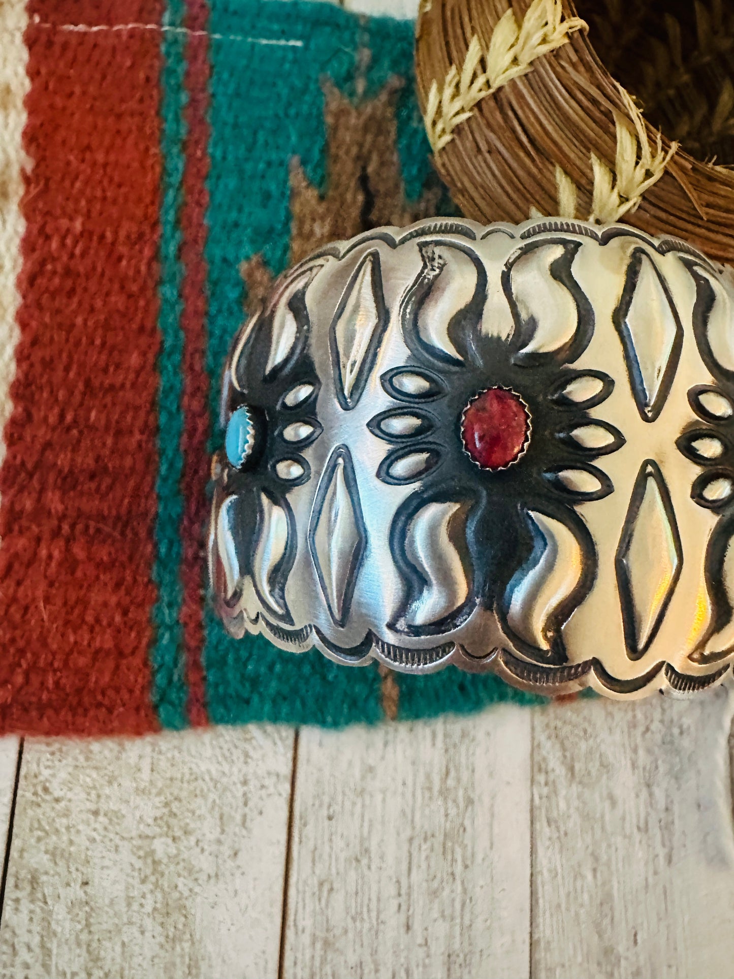 Navajo Sterling Silver, Spiny & Turquoise Bangle Bracelet by Leander Tahe