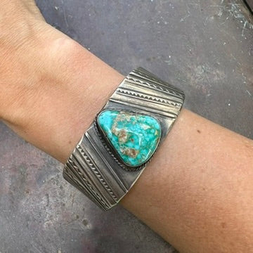 Native Made Sterling Silver and Turquoise Heavy Gauge Cuff Bracelet by Al & Kimari Somers