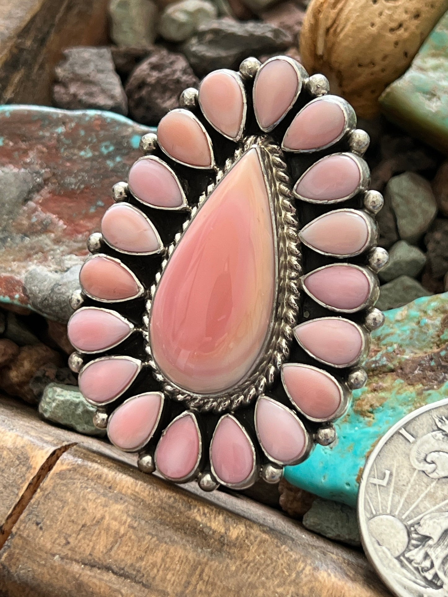 Navajo Sterling Silver and Tear Drop Queen Pink Conch Shell Cluster Ring by Aaron Tallis, Adjustable