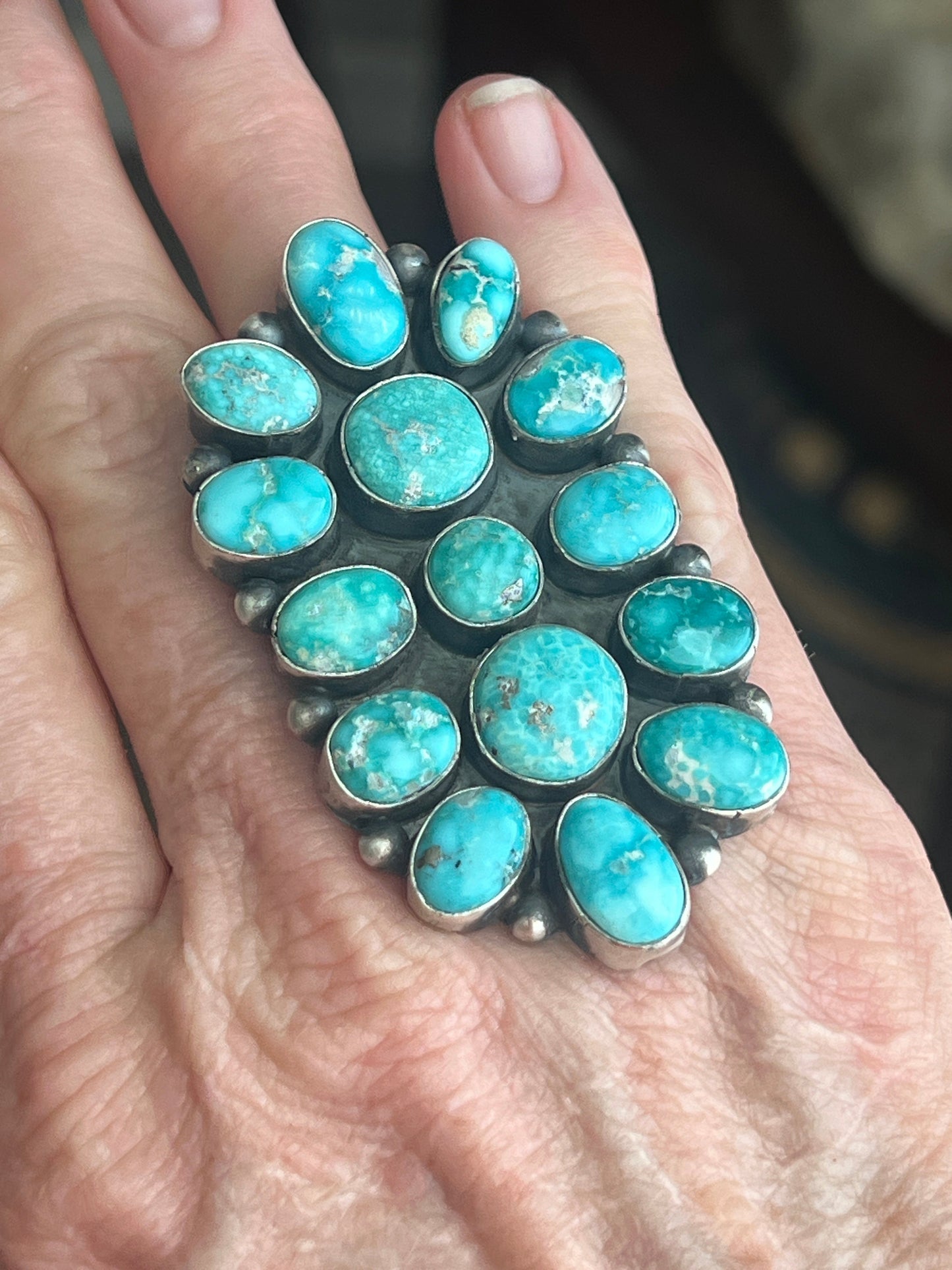 Navajo Paul Livingston Sterling Silver and Campitos Turquoise Cluster Ring, Size 7