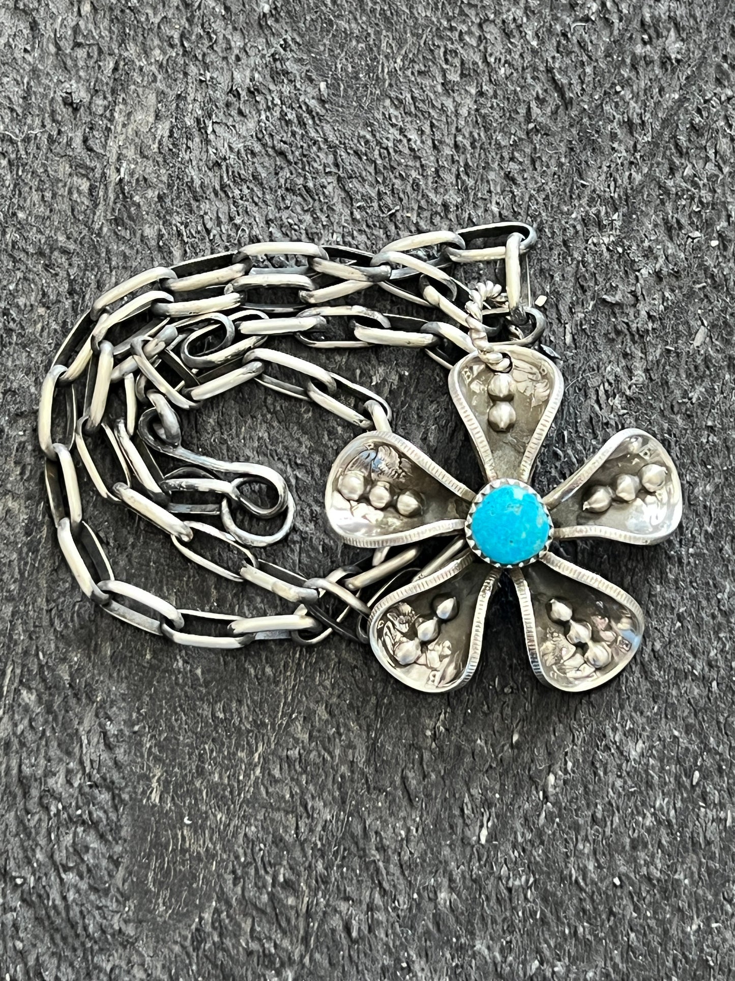 Navajo Sterling and Coin Silver Mercury Dime Flower Pendant with Turquoise on Handmade Chain by James Begay