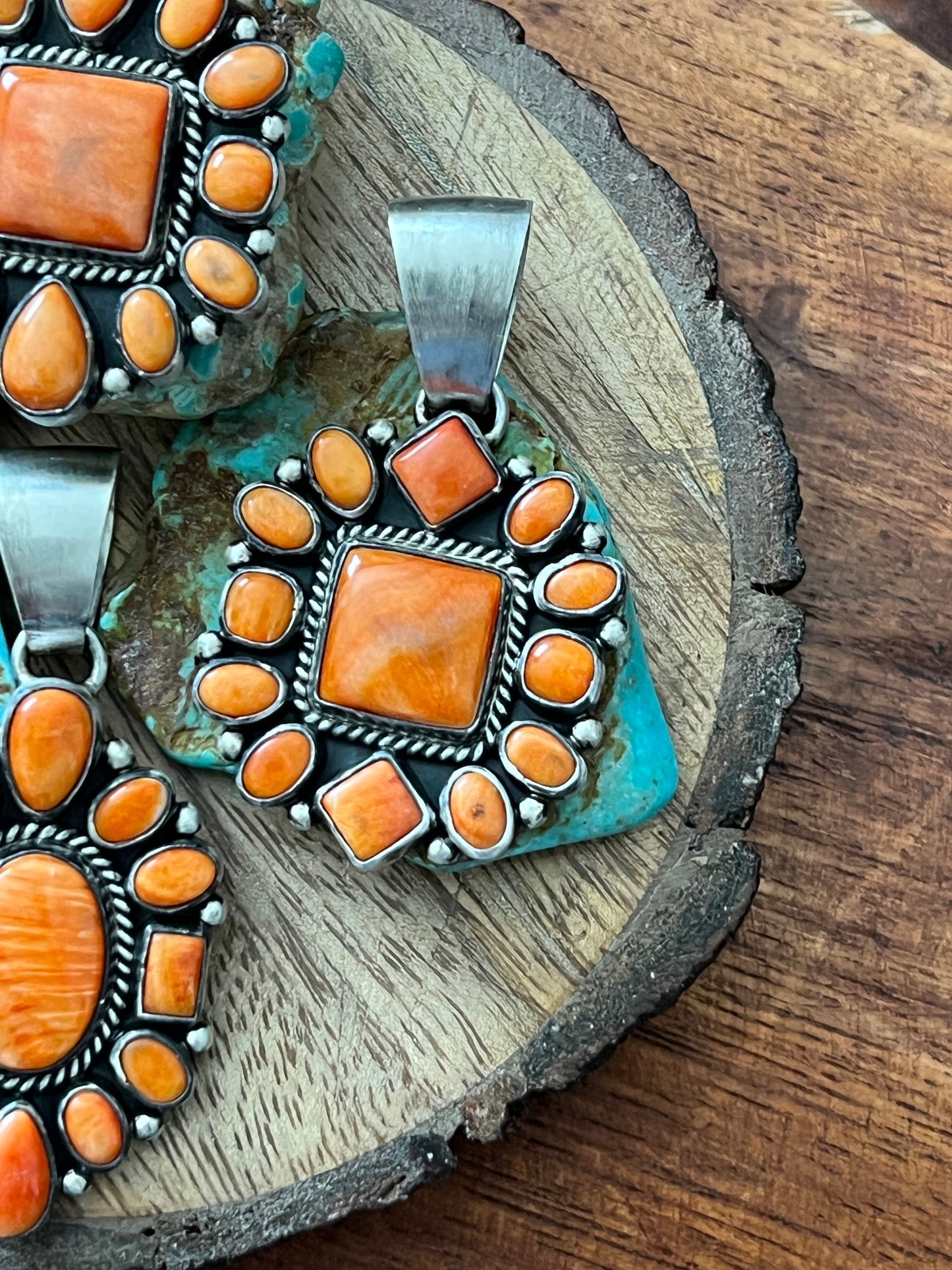 Navajo Sterling Silver and Burnt Spiny Oyster Shell Cluster Pendants by Loretta Delgarito