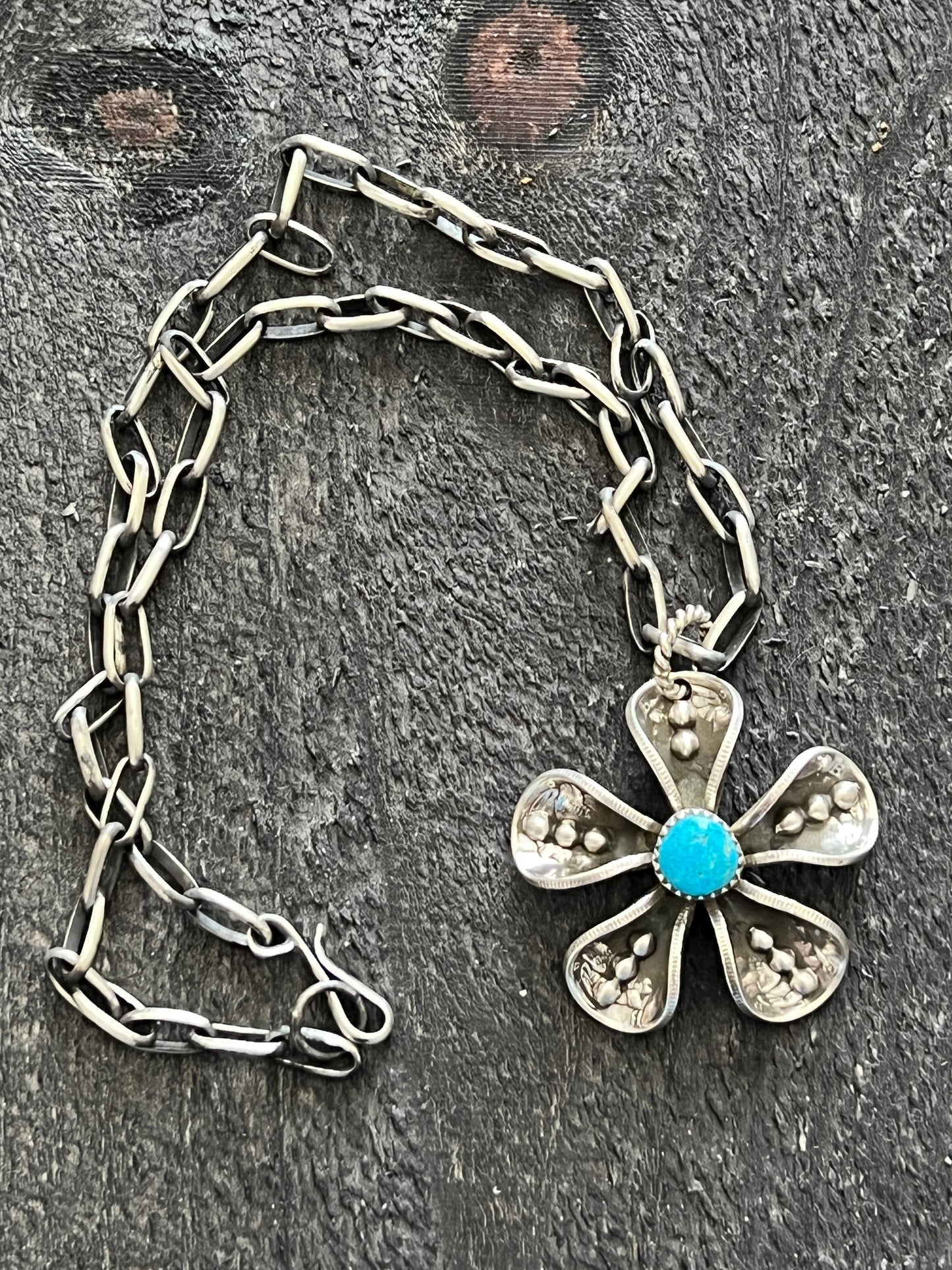 Navajo Sterling and Coin Silver Mercury Dime Flower Pendant with Turquoise on Handmade Chain by James Begay